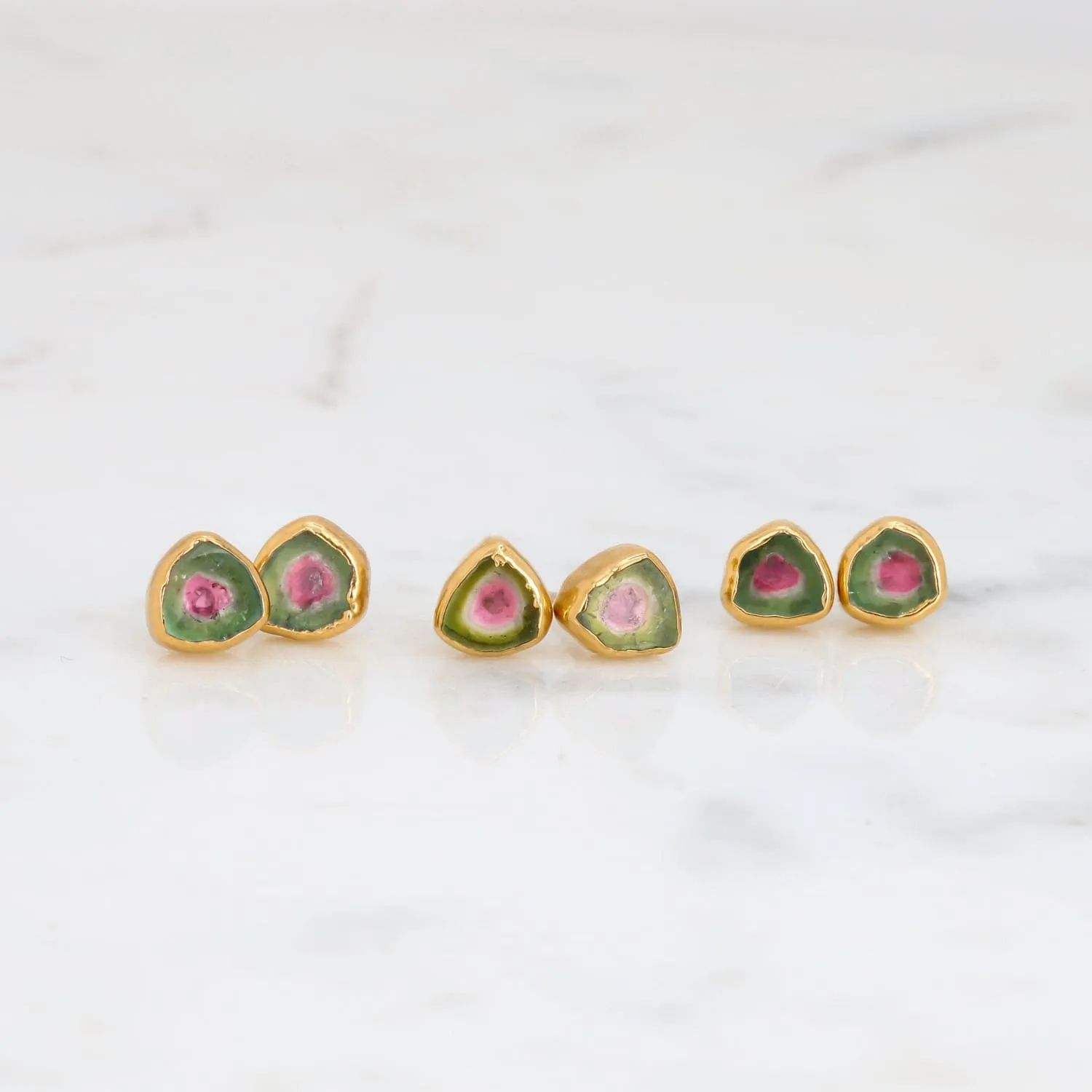 Dainty Raw Watermelon Tourmaline Stud Earrings