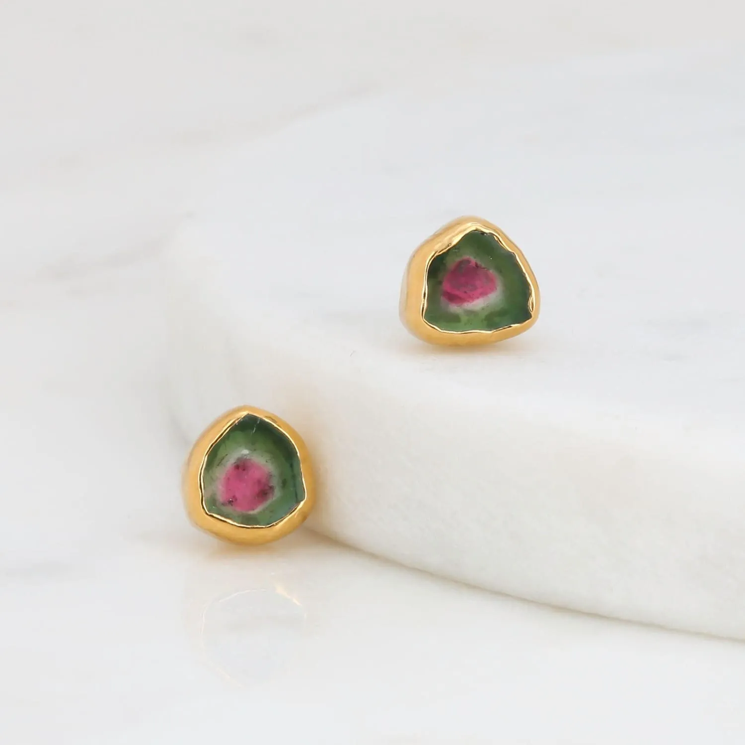 Dainty Raw Watermelon Tourmaline Stud Earrings