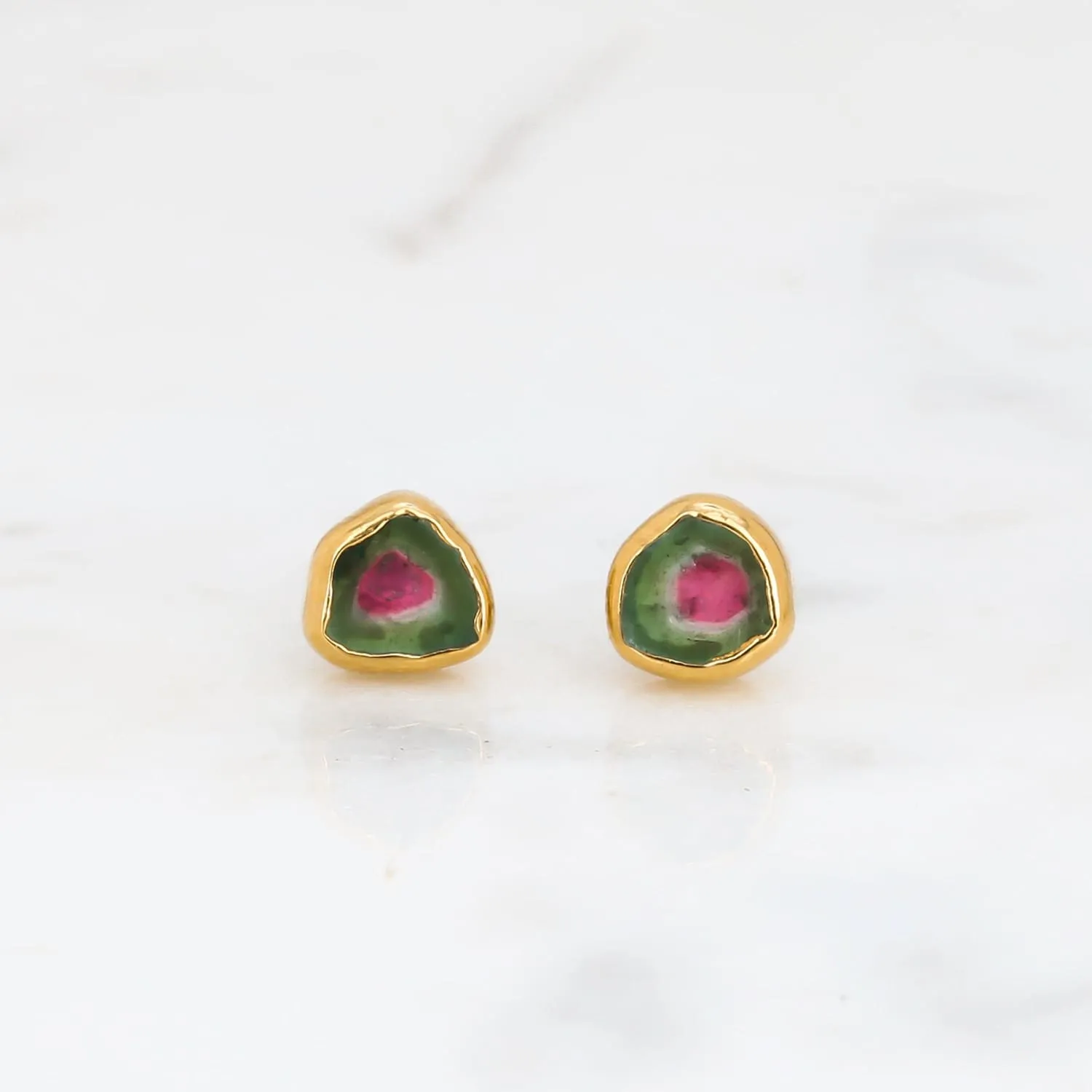 Dainty Raw Watermelon Tourmaline Stud Earrings