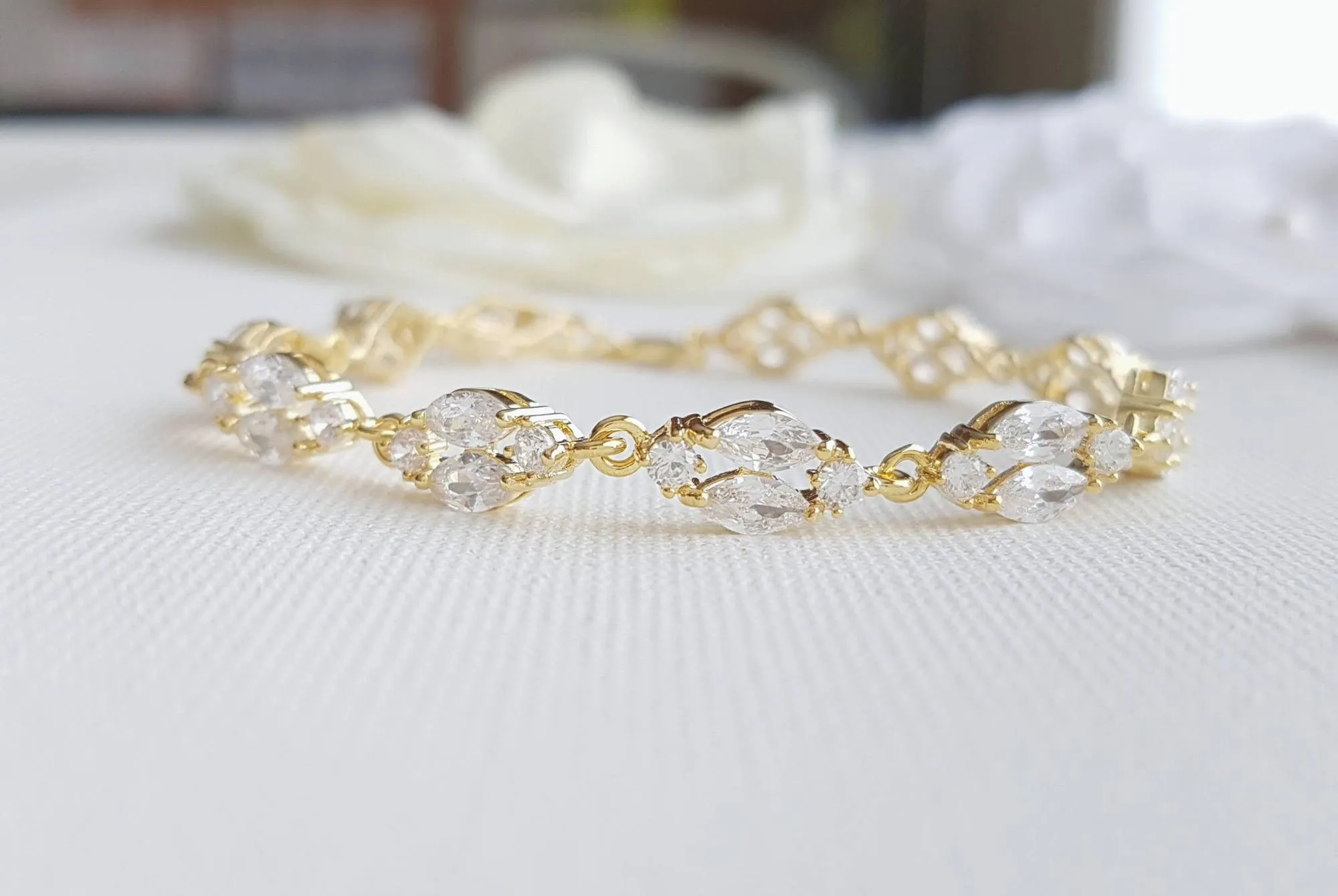 Dainty Rose Gold Crystal Bracelet for Weddings and Brides-Hayley