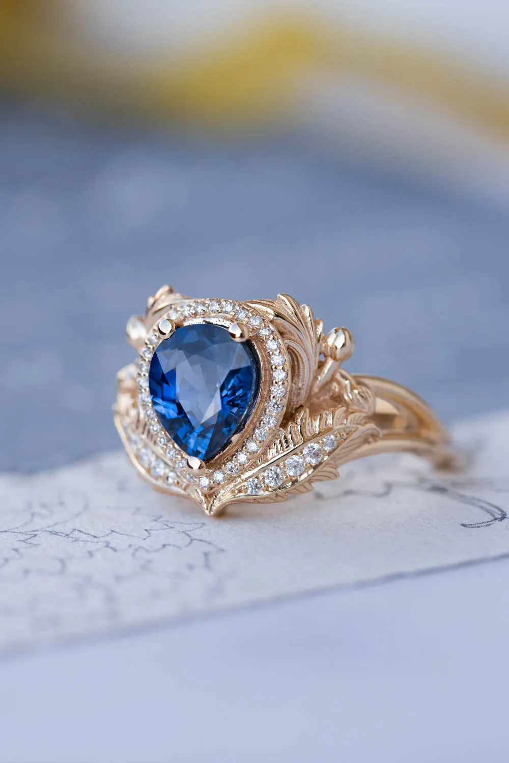 Dark blue sapphire engagement ring, gold ring with diamond halo / Adonis halo