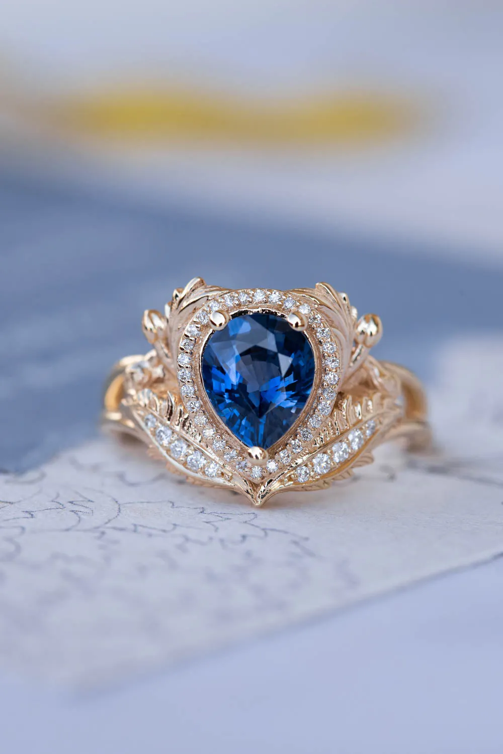 Dark blue sapphire engagement ring, gold ring with diamond halo / Adonis halo