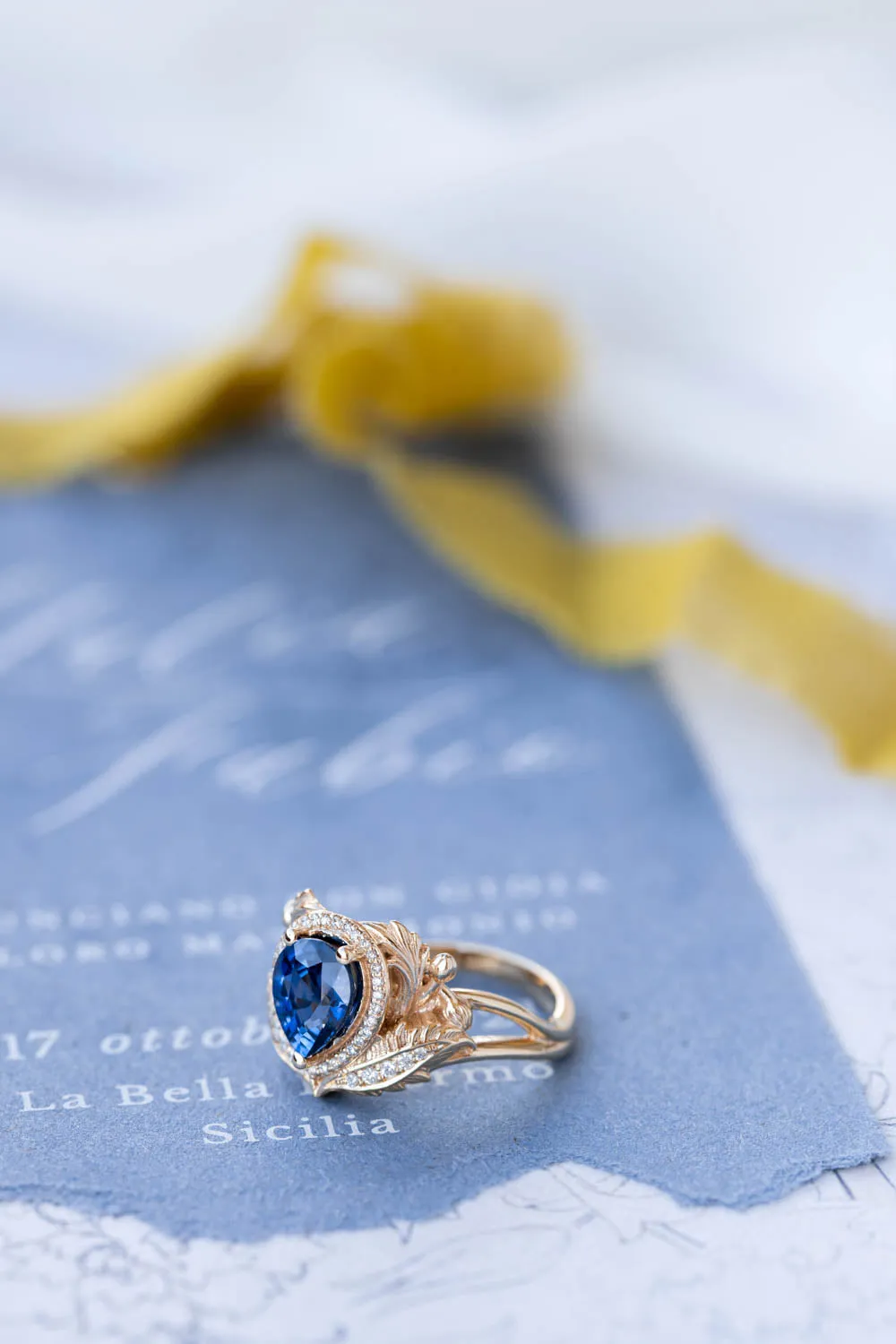 Dark blue sapphire engagement ring, gold ring with diamond halo / Adonis halo