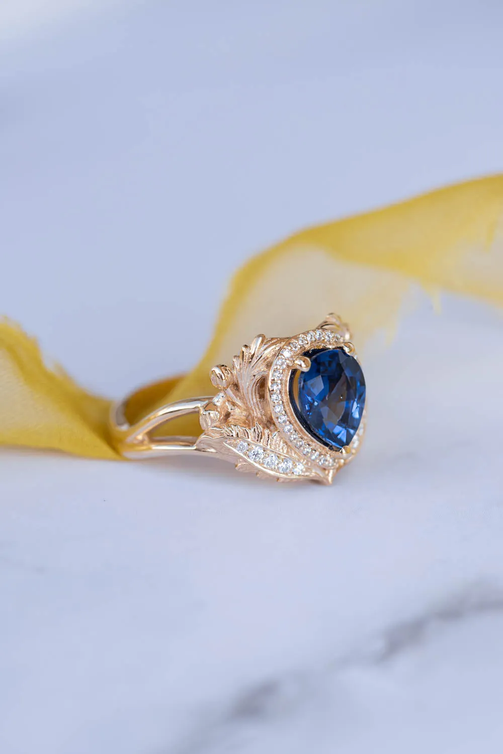 Dark blue sapphire engagement ring, gold ring with diamond halo / Adonis halo