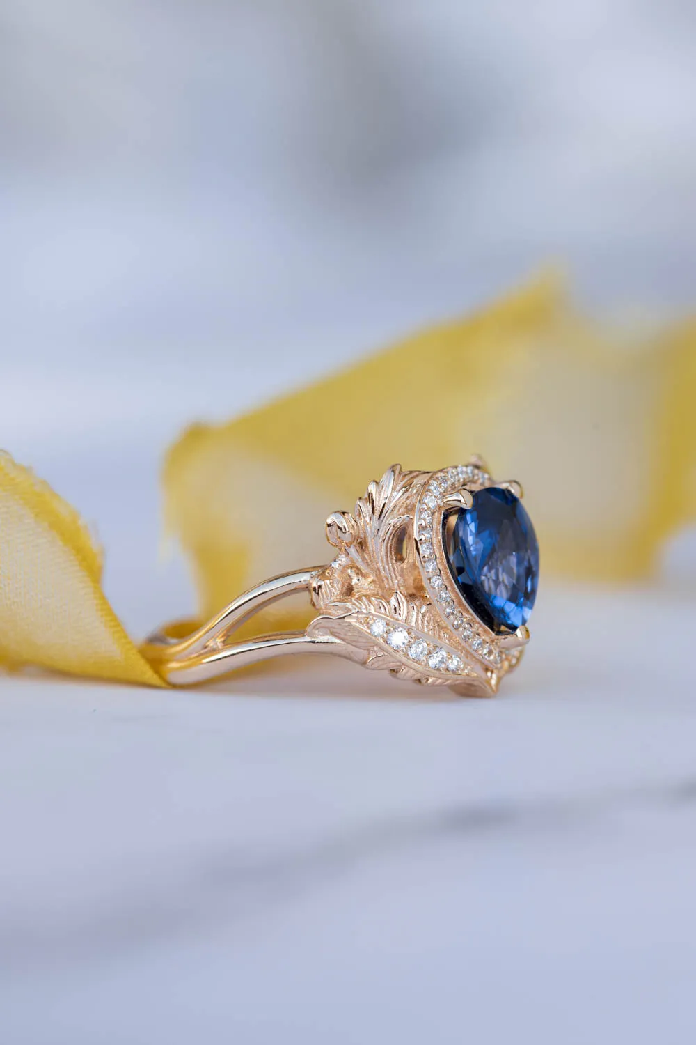 Dark blue sapphire engagement ring, gold ring with diamond halo / Adonis halo