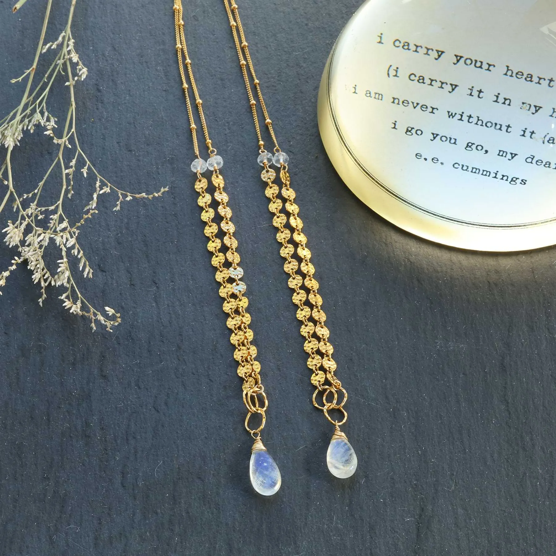 Dewdrop - Rainbow Moonstone Gold Necklace