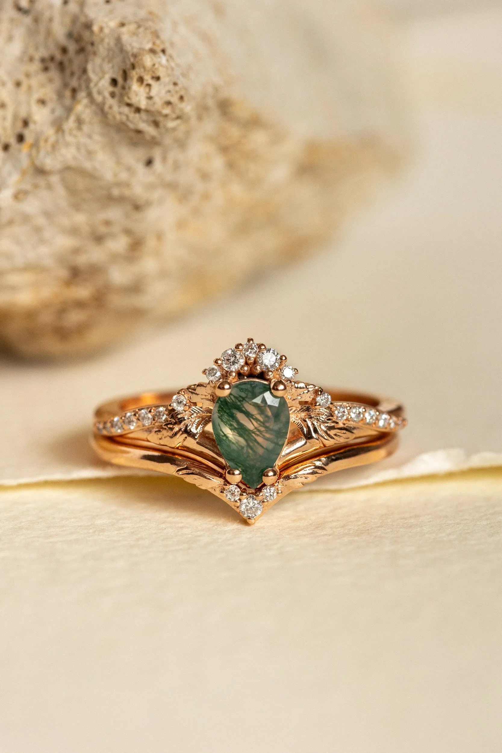 Diamond crown moss agate rose gold proposal ring / Amelia