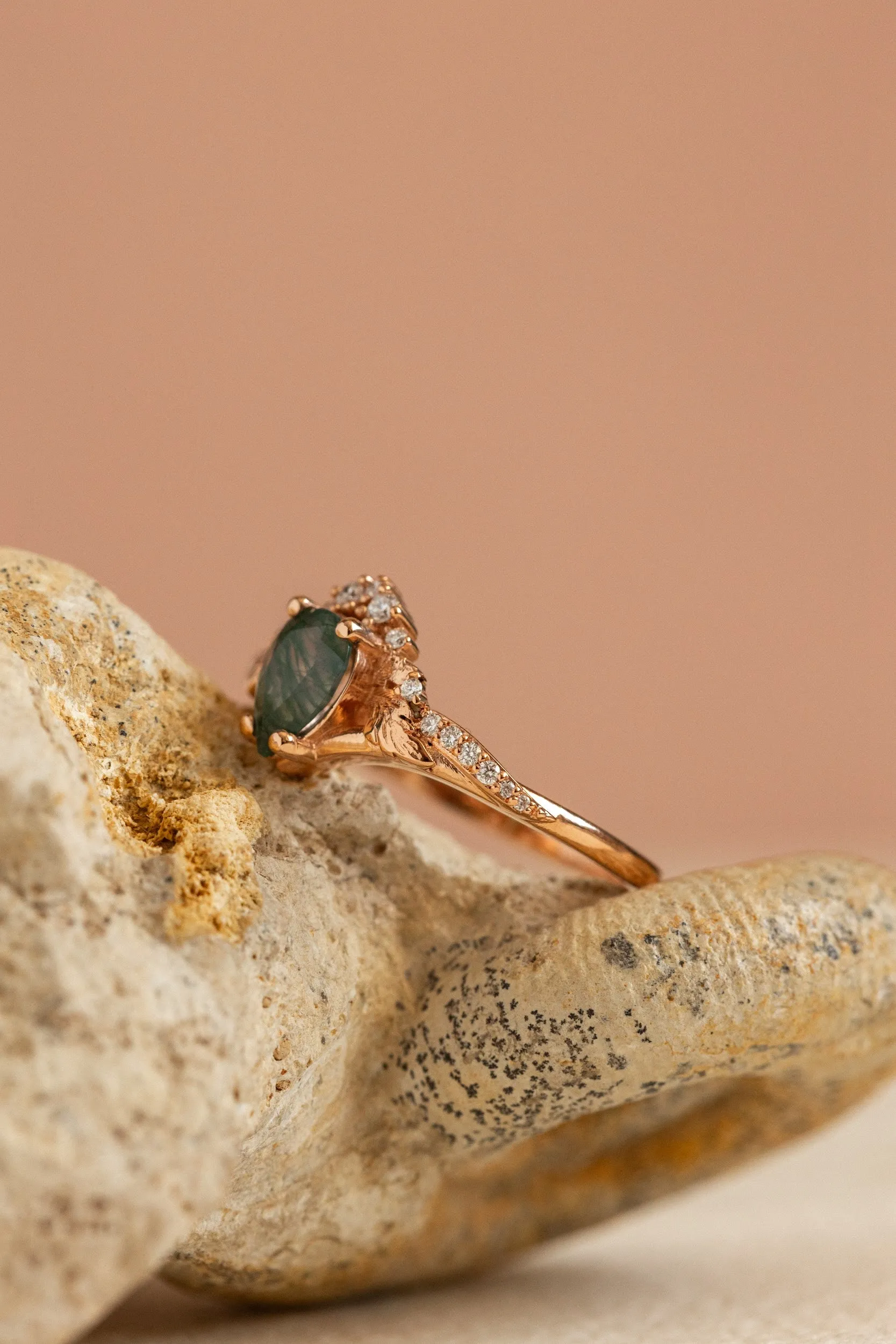 Diamond crown moss agate rose gold proposal ring / Amelia