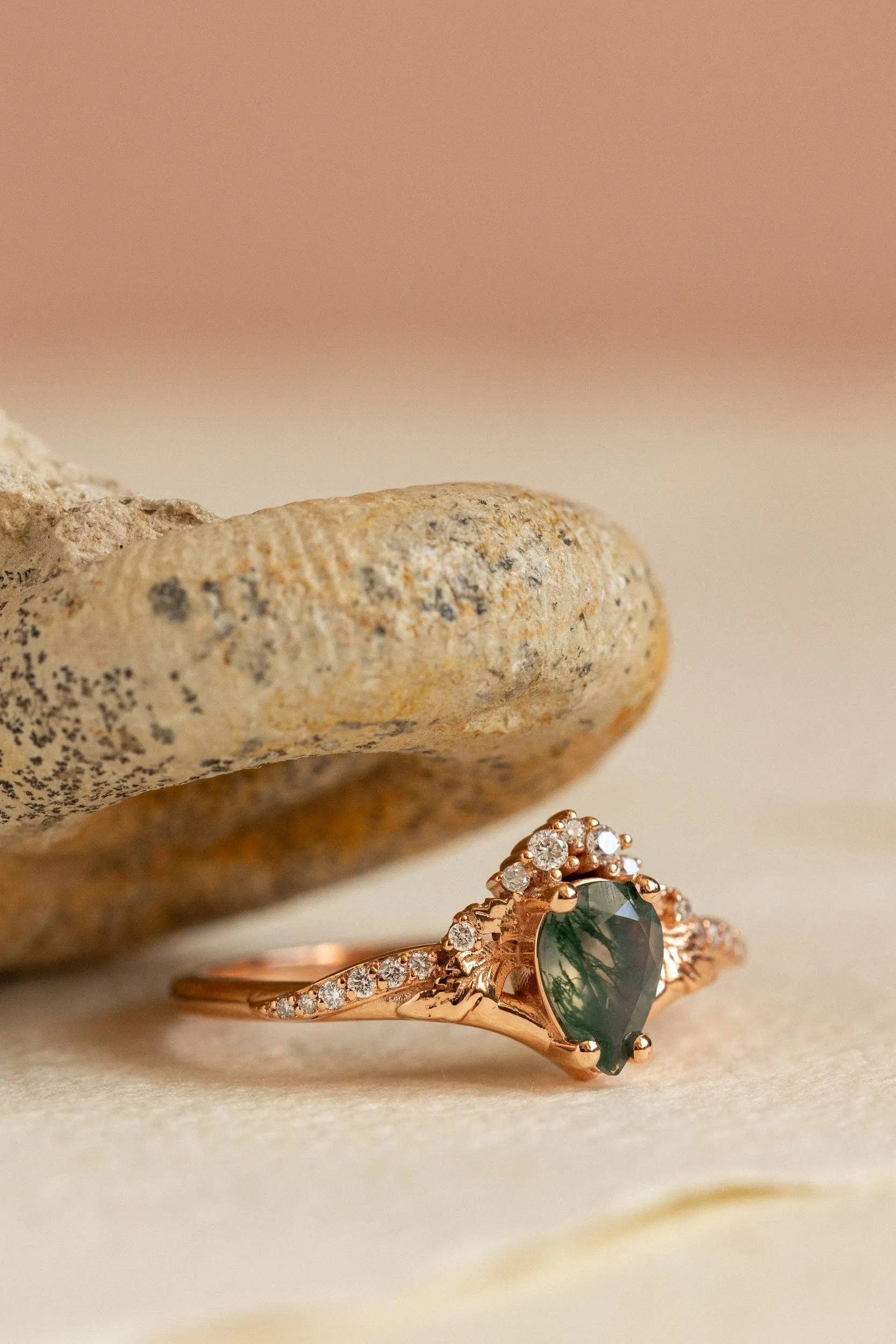 Diamond crown moss agate rose gold proposal ring / Amelia