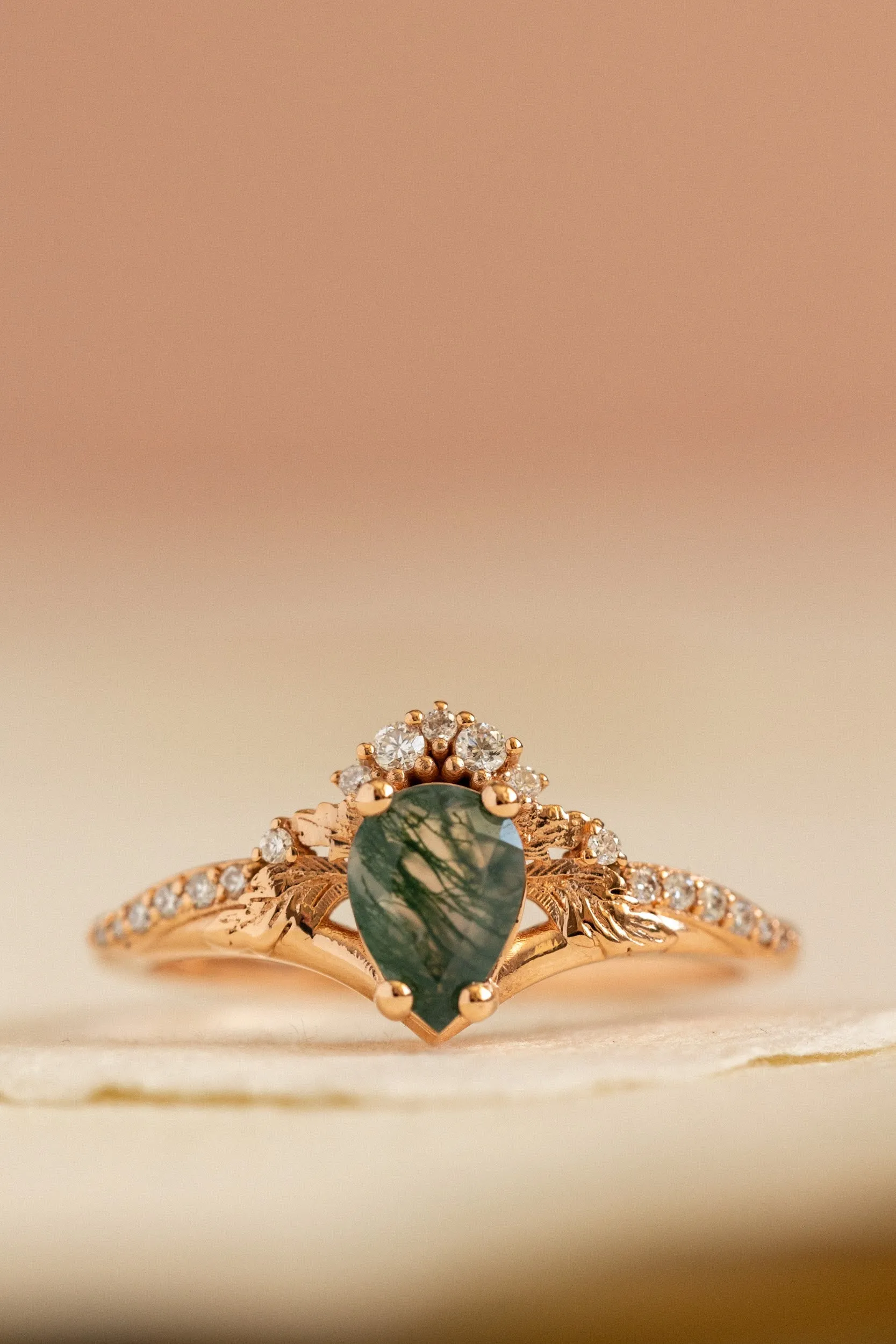 Diamond crown moss agate rose gold proposal ring / Amelia