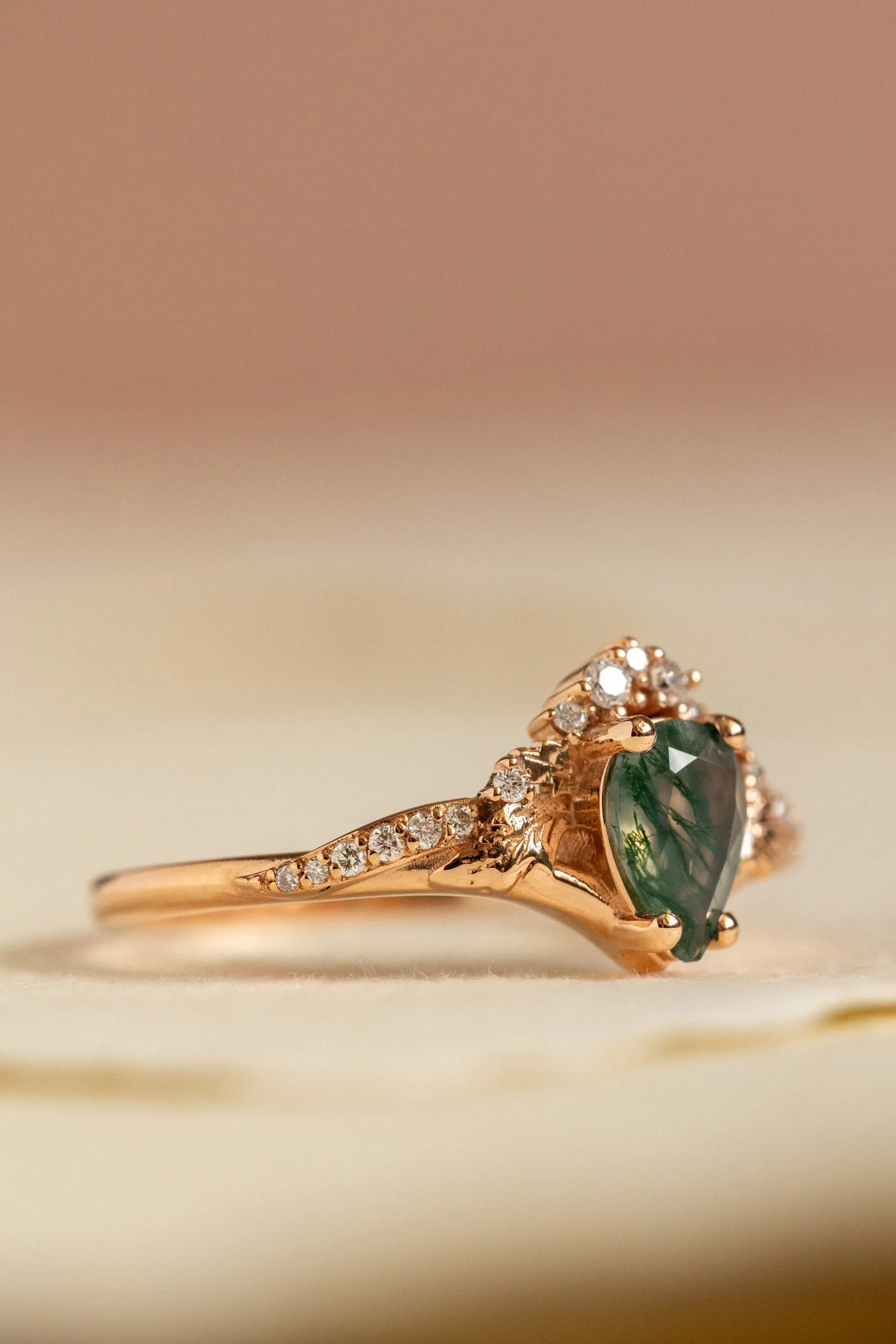 Diamond crown moss agate rose gold proposal ring / Amelia