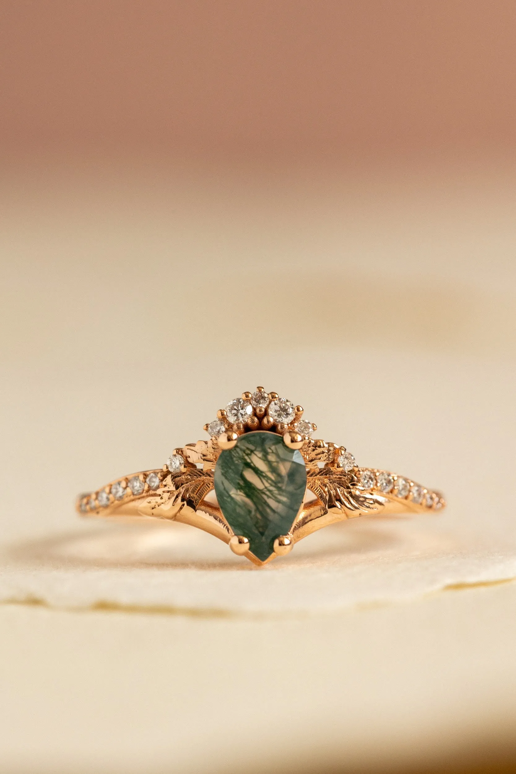 Diamond crown moss agate rose gold proposal ring / Amelia