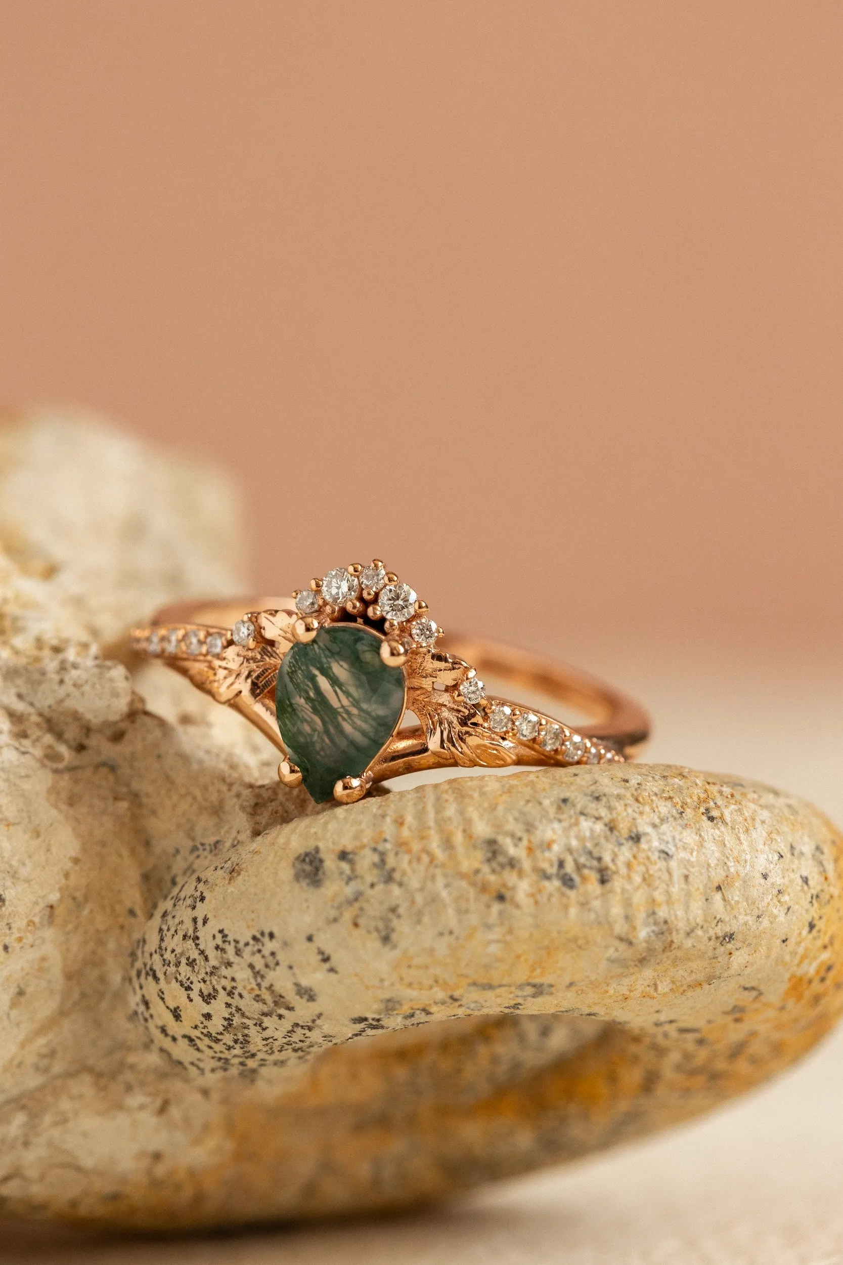 Diamond crown moss agate rose gold proposal ring / Amelia