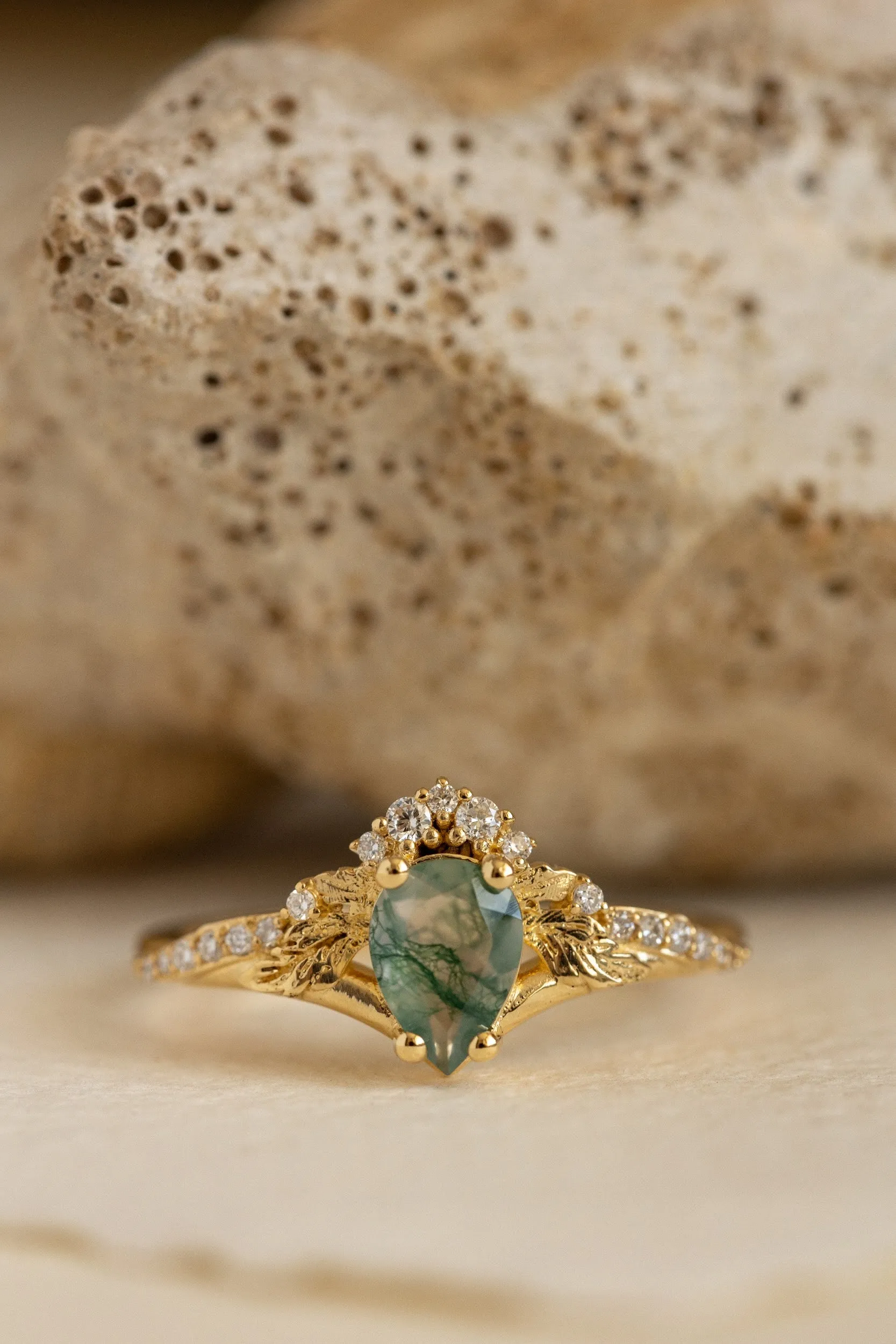 Diamond crown moss agate rose gold proposal ring / Amelia