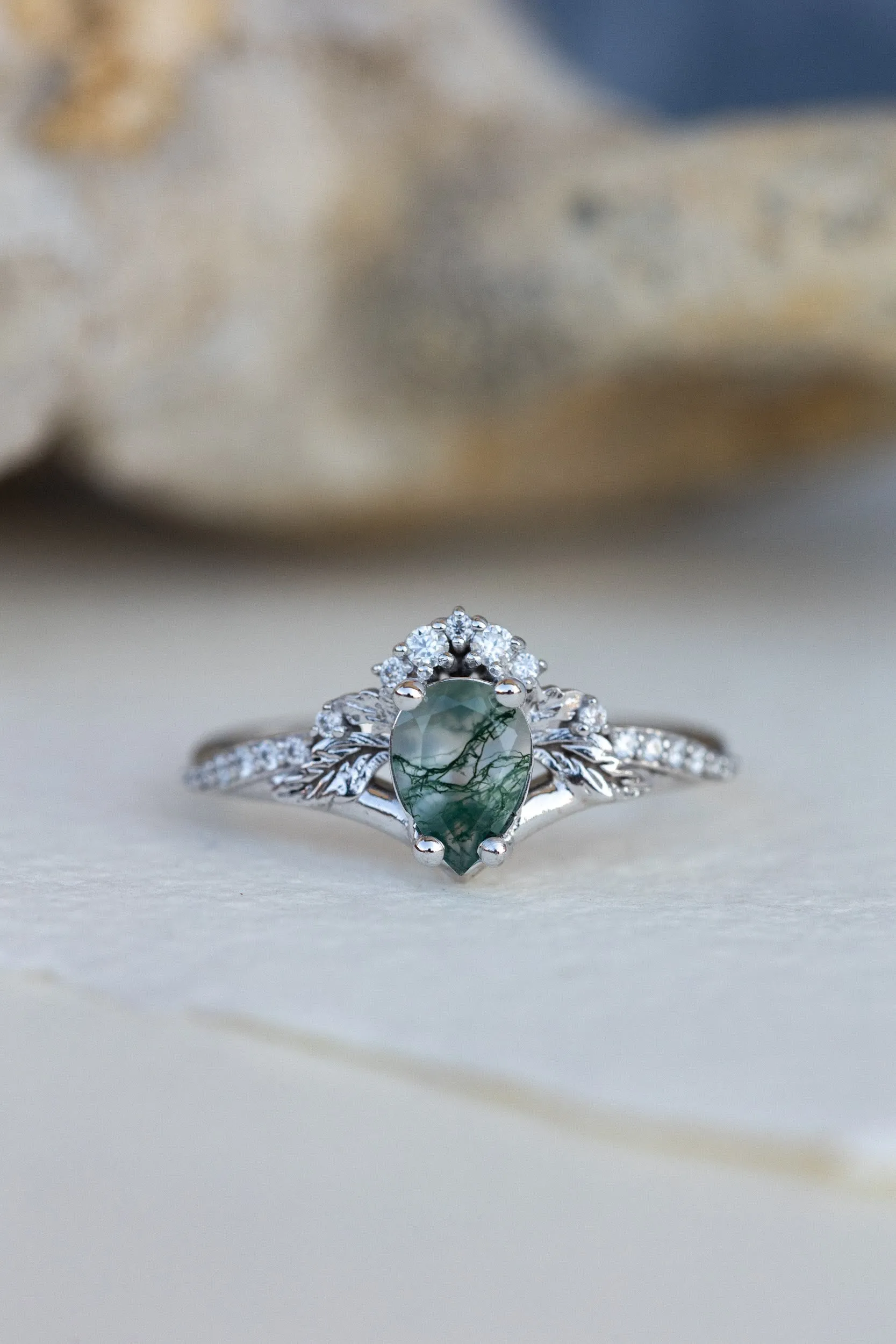 Diamond crown moss agate rose gold proposal ring / Amelia