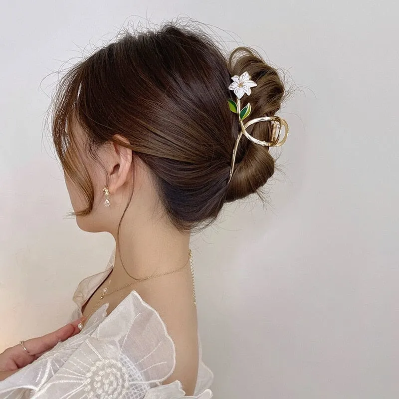 Elegant Barrette Crab Claw Gold Flower Hair Clip