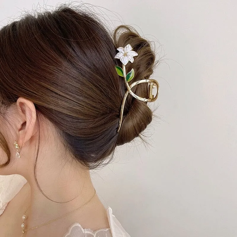 Elegant Barrette Crab Claw Gold Flower Hair Clip