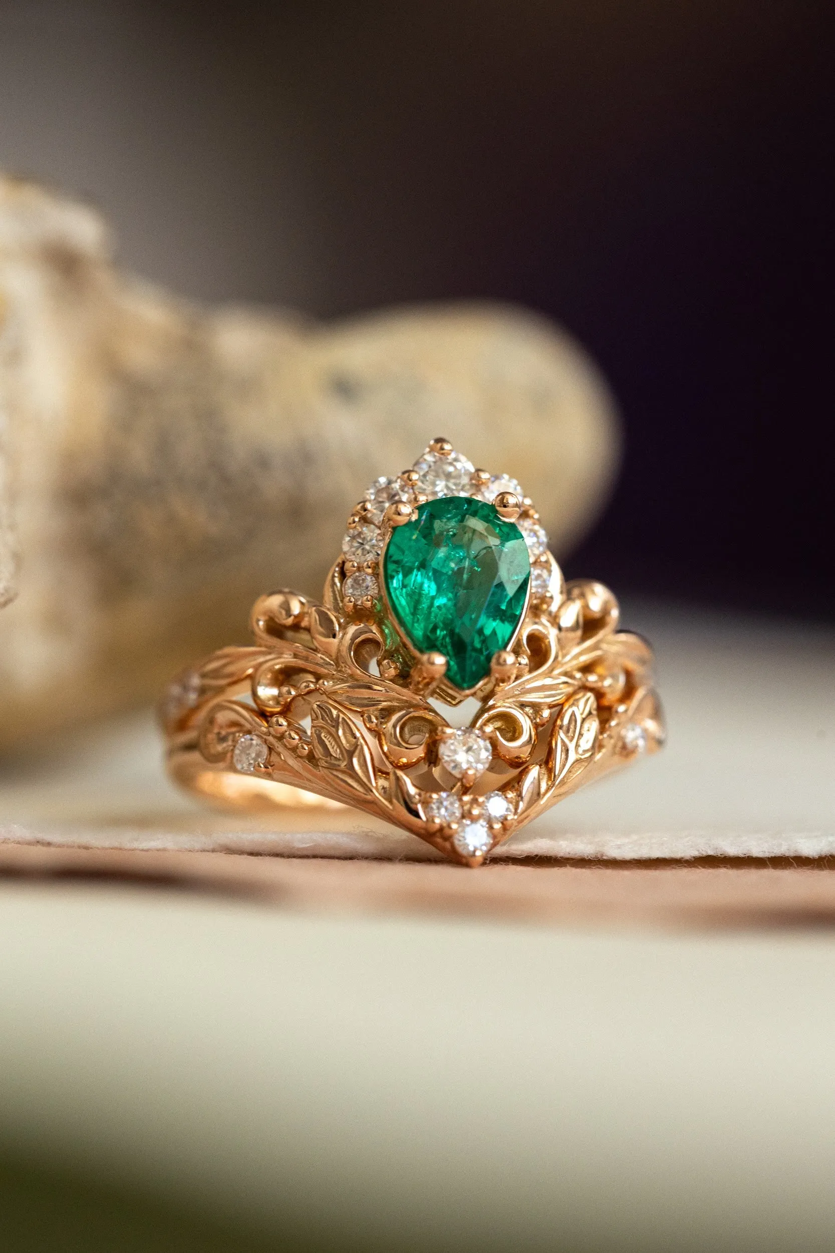 Emerald baroque style engagement ring, rose gold engagement ring with diamonds / Sophie