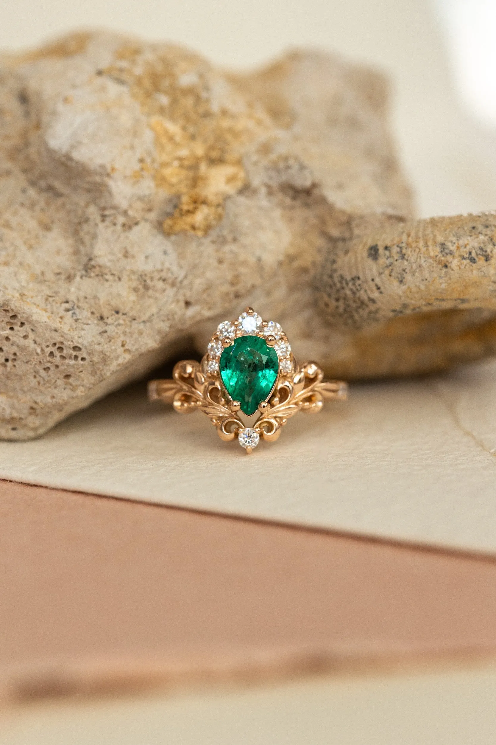 Emerald baroque style engagement ring, rose gold engagement ring with diamonds / Sophie