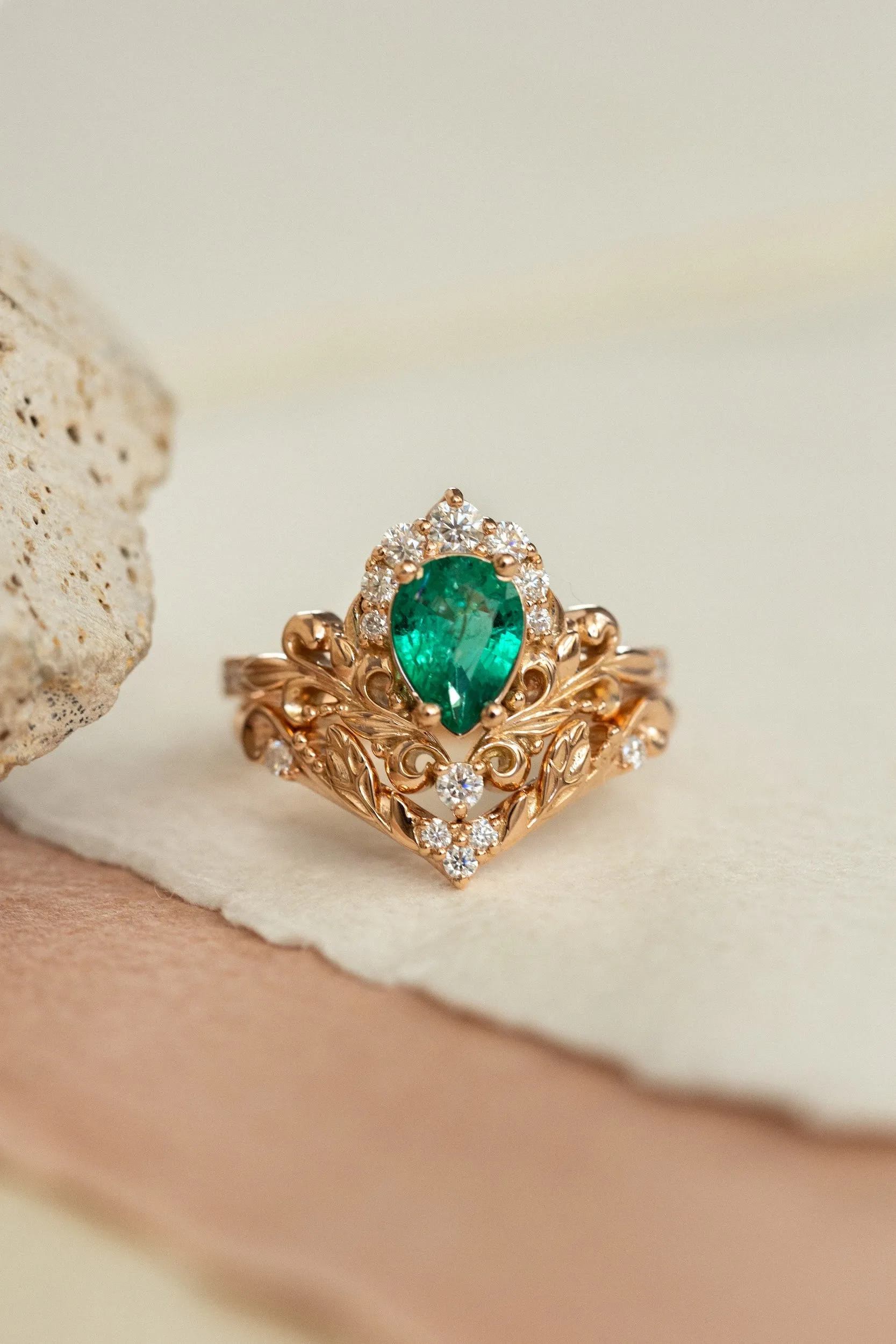 Emerald baroque style engagement ring, rose gold engagement ring with diamonds / Sophie