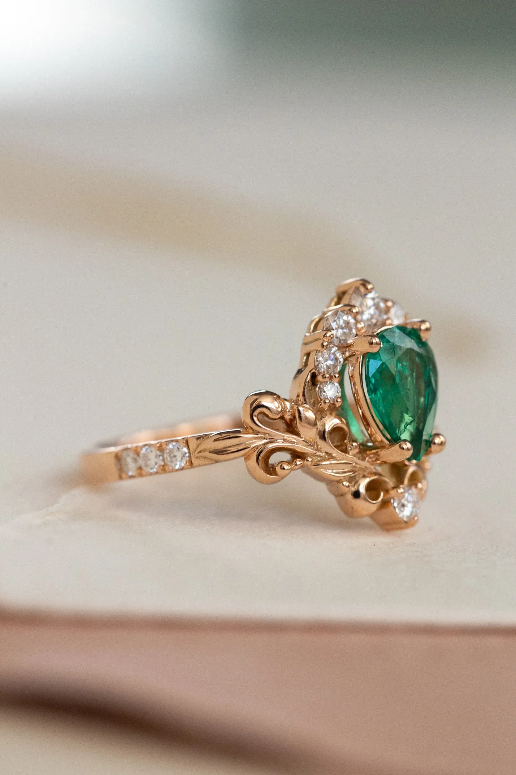 Emerald baroque style engagement ring, rose gold engagement ring with diamonds / Sophie