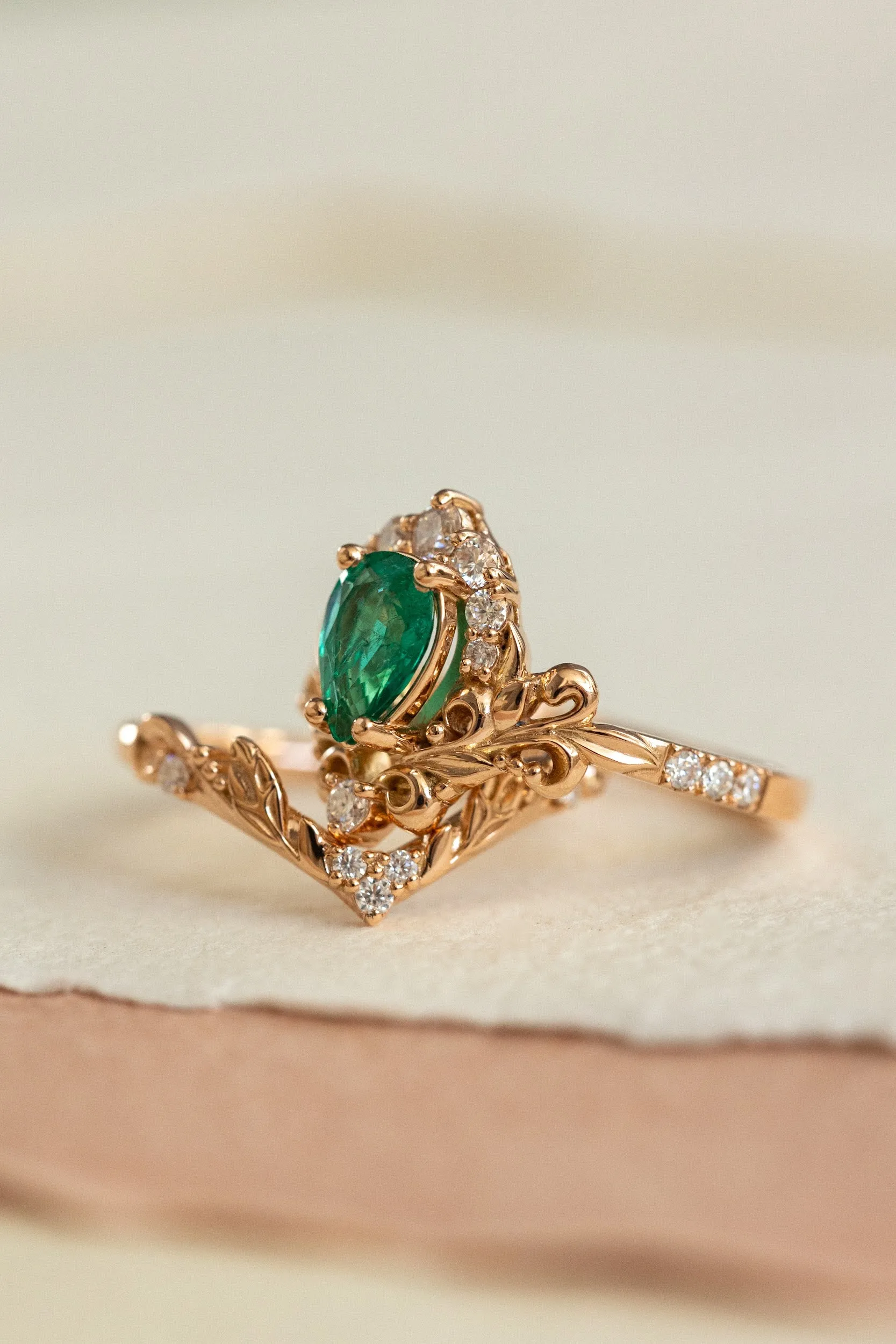 Emerald baroque style engagement ring, rose gold engagement ring with diamonds / Sophie