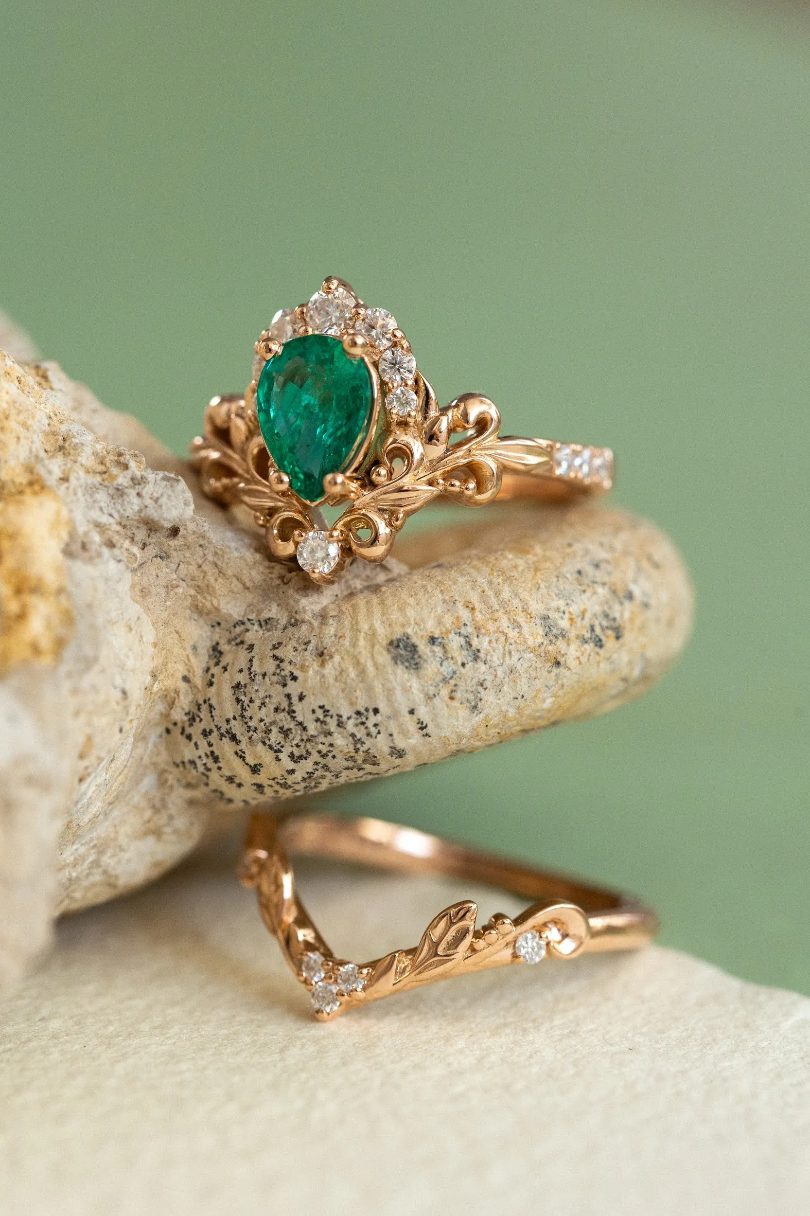 Emerald baroque style engagement ring, rose gold engagement ring with diamonds / Sophie