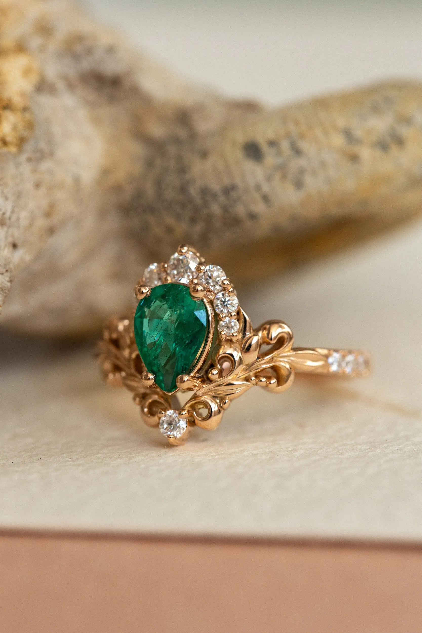 Emerald baroque style engagement ring, rose gold engagement ring with diamonds / Sophie