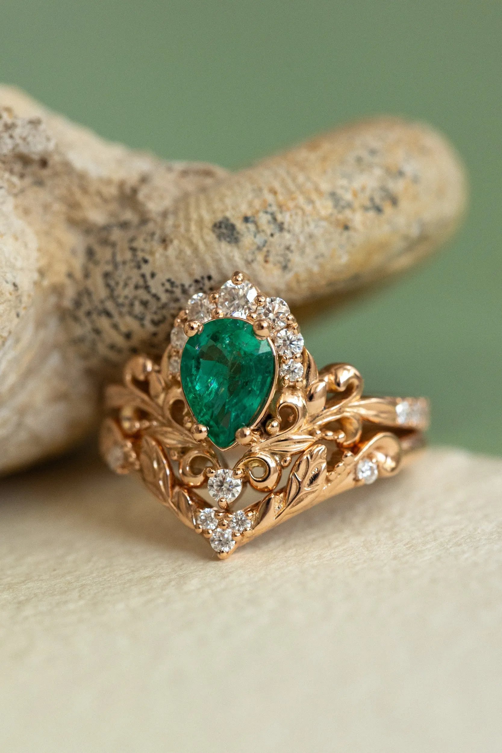 Emerald baroque style engagement ring, rose gold engagement ring with diamonds / Sophie