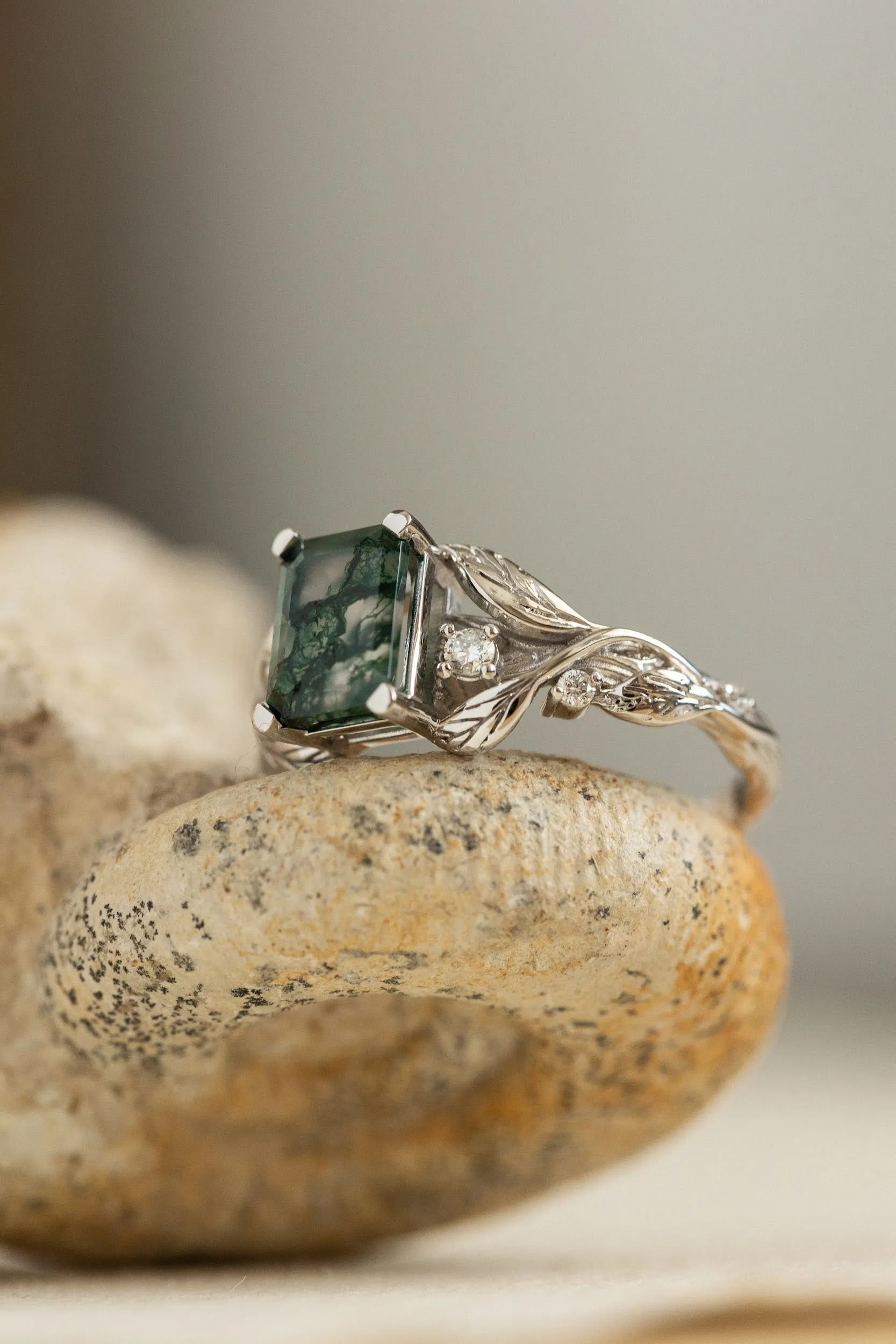 Emerald cut moss agate engagement ring, gold leafy ring with diamonds / Clematis