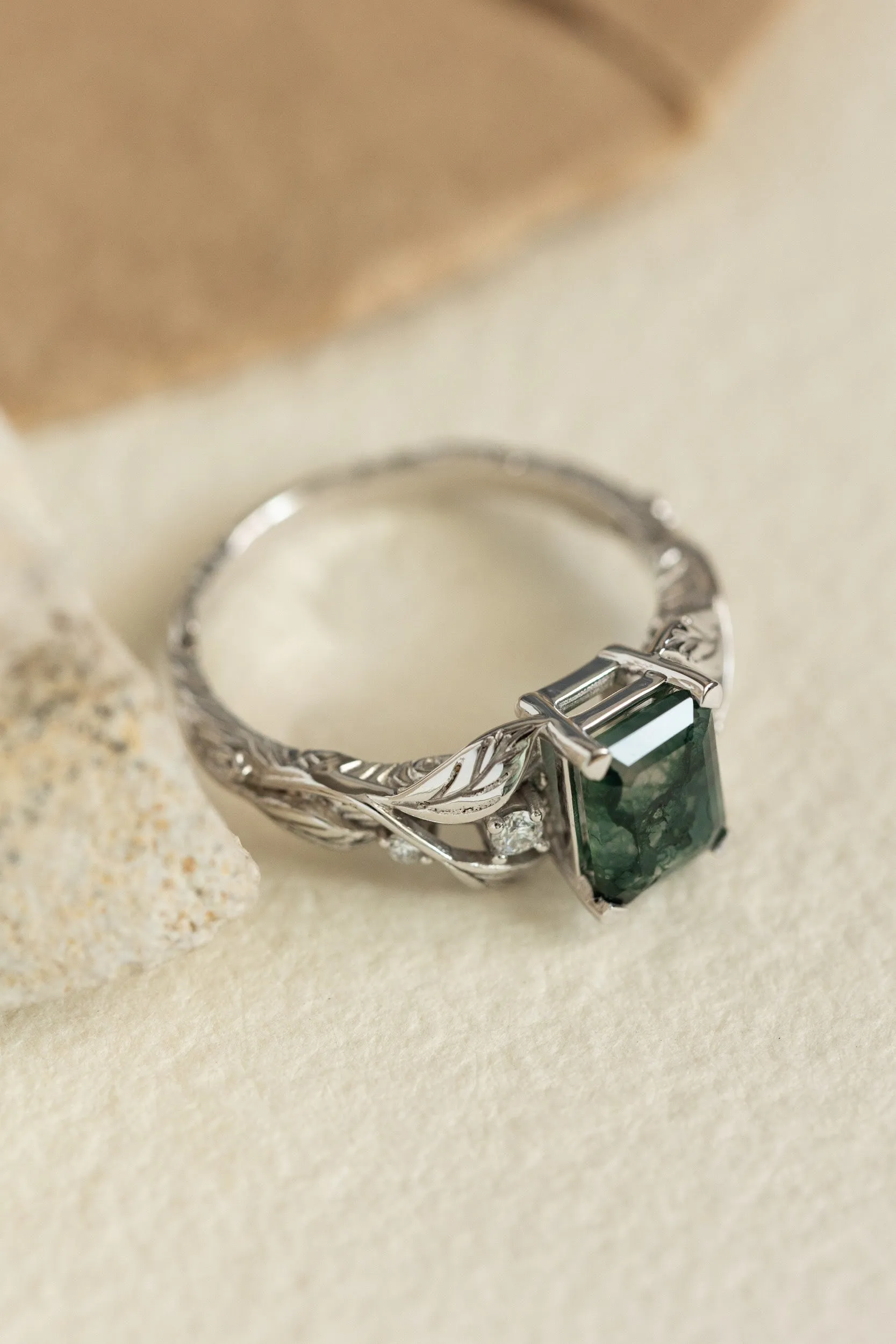 Emerald cut moss agate engagement ring, gold leafy ring with diamonds / Clematis