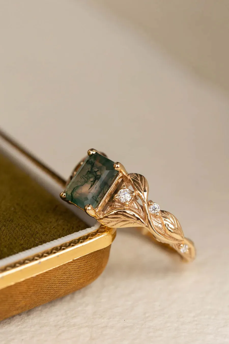 Emerald cut moss agate engagement ring, gold leafy ring with diamonds / Clematis