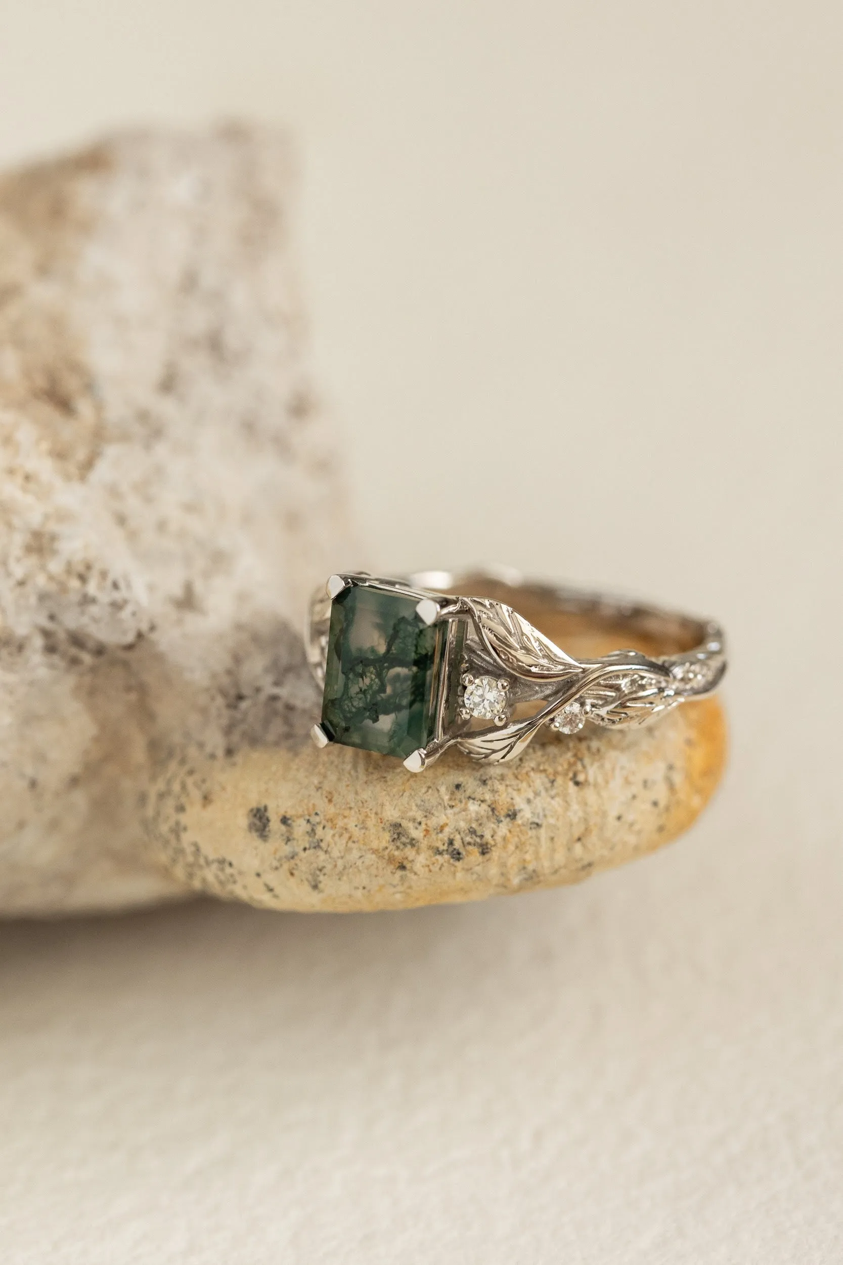 Emerald cut moss agate engagement ring, gold leafy ring with diamonds / Clematis