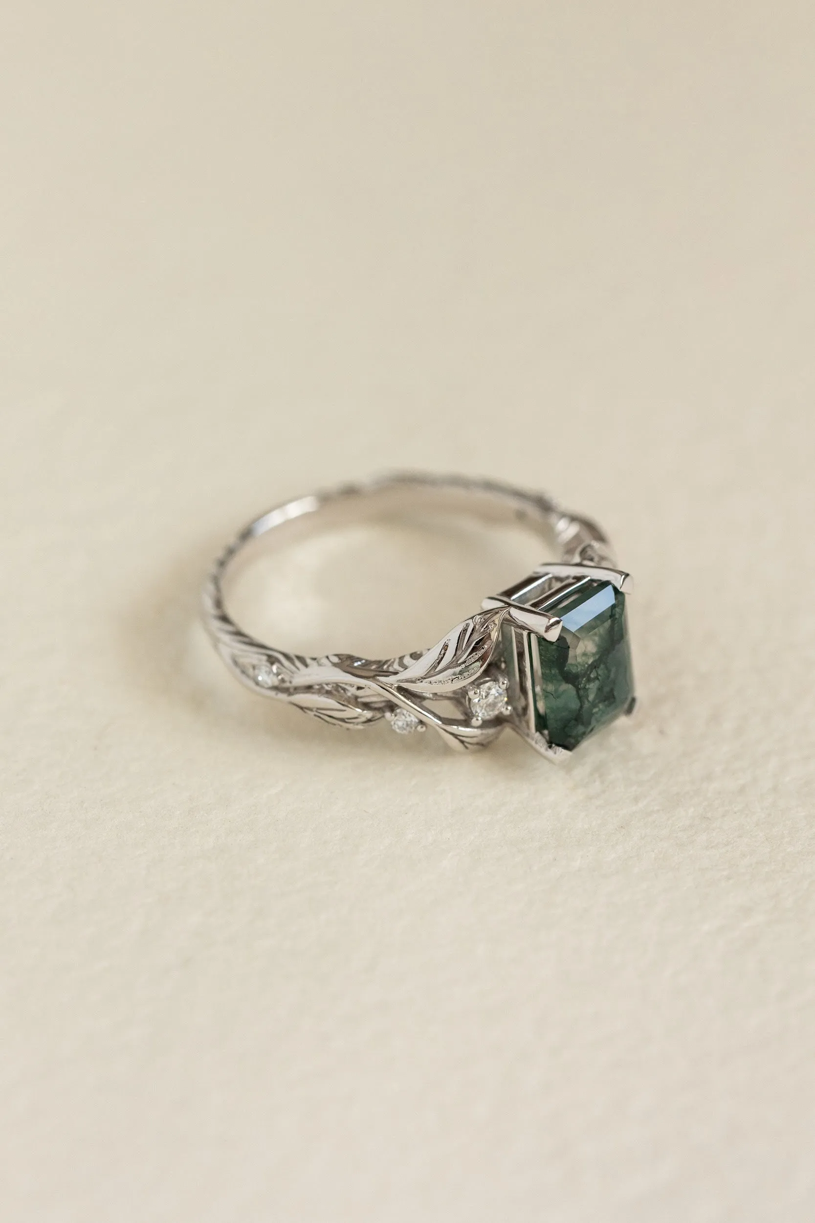 Emerald cut moss agate engagement ring, gold leafy ring with diamonds / Clematis