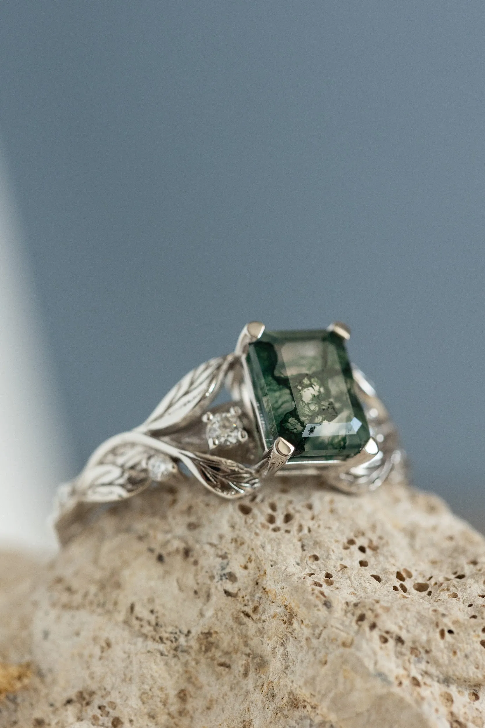 Emerald cut moss agate engagement ring, gold leafy ring with diamonds / Clematis