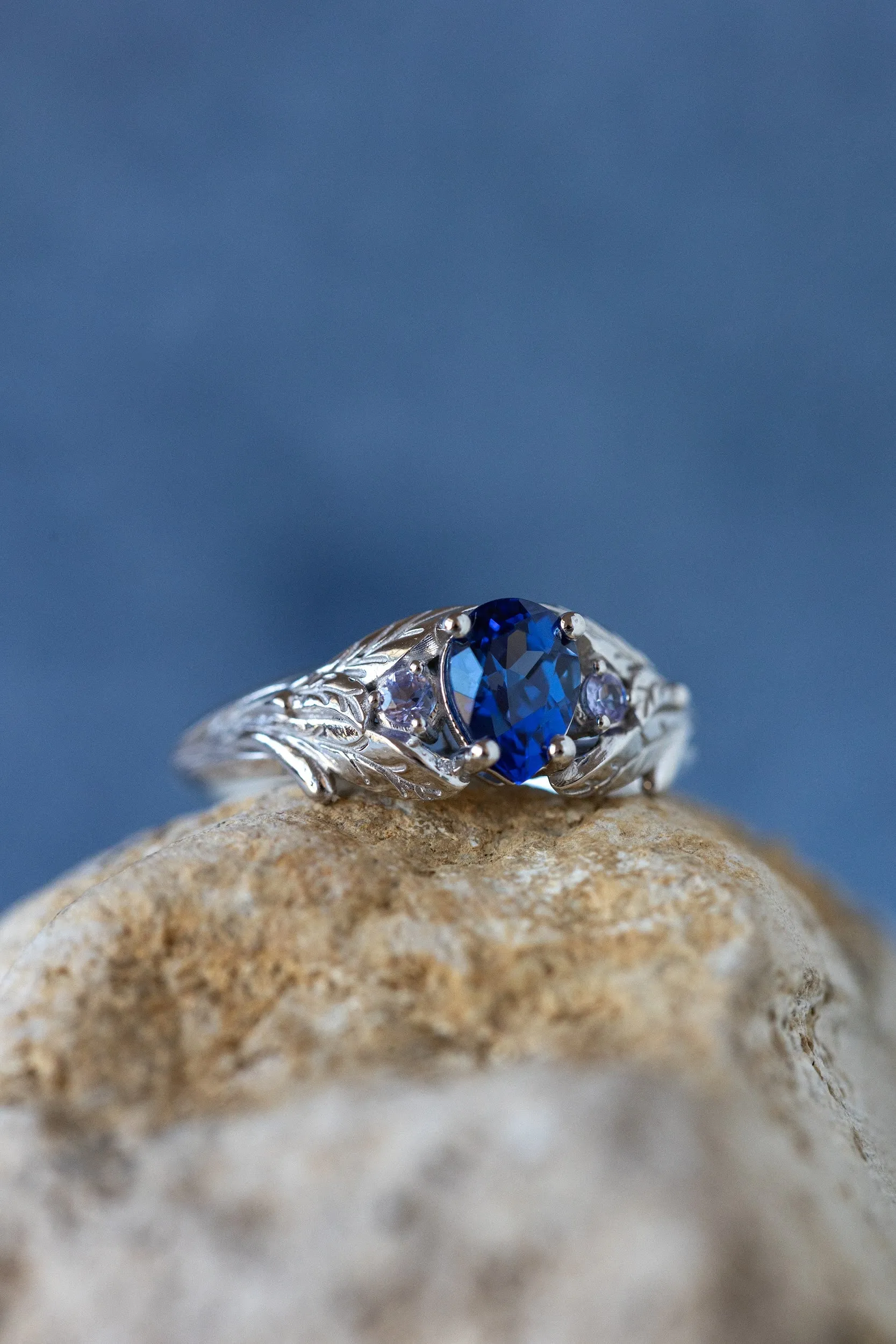 Ethical sapphire engagement ring, gold nature themed ring with side natural tanzanites / Wisteria