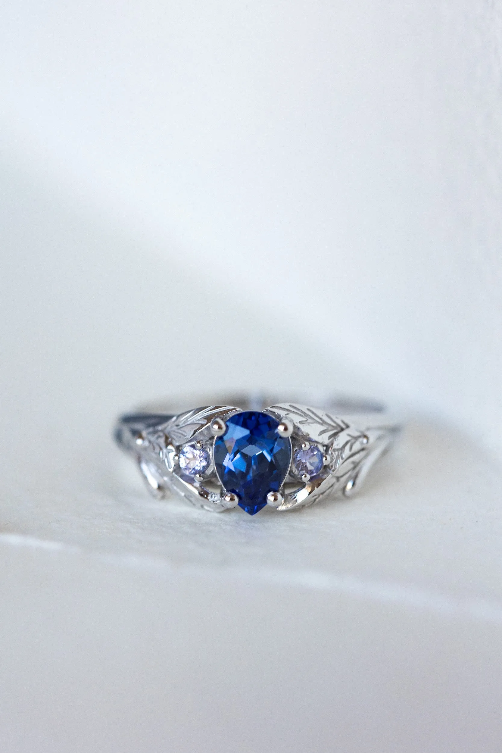 Ethical sapphire engagement ring, gold nature themed ring with side natural tanzanites / Wisteria