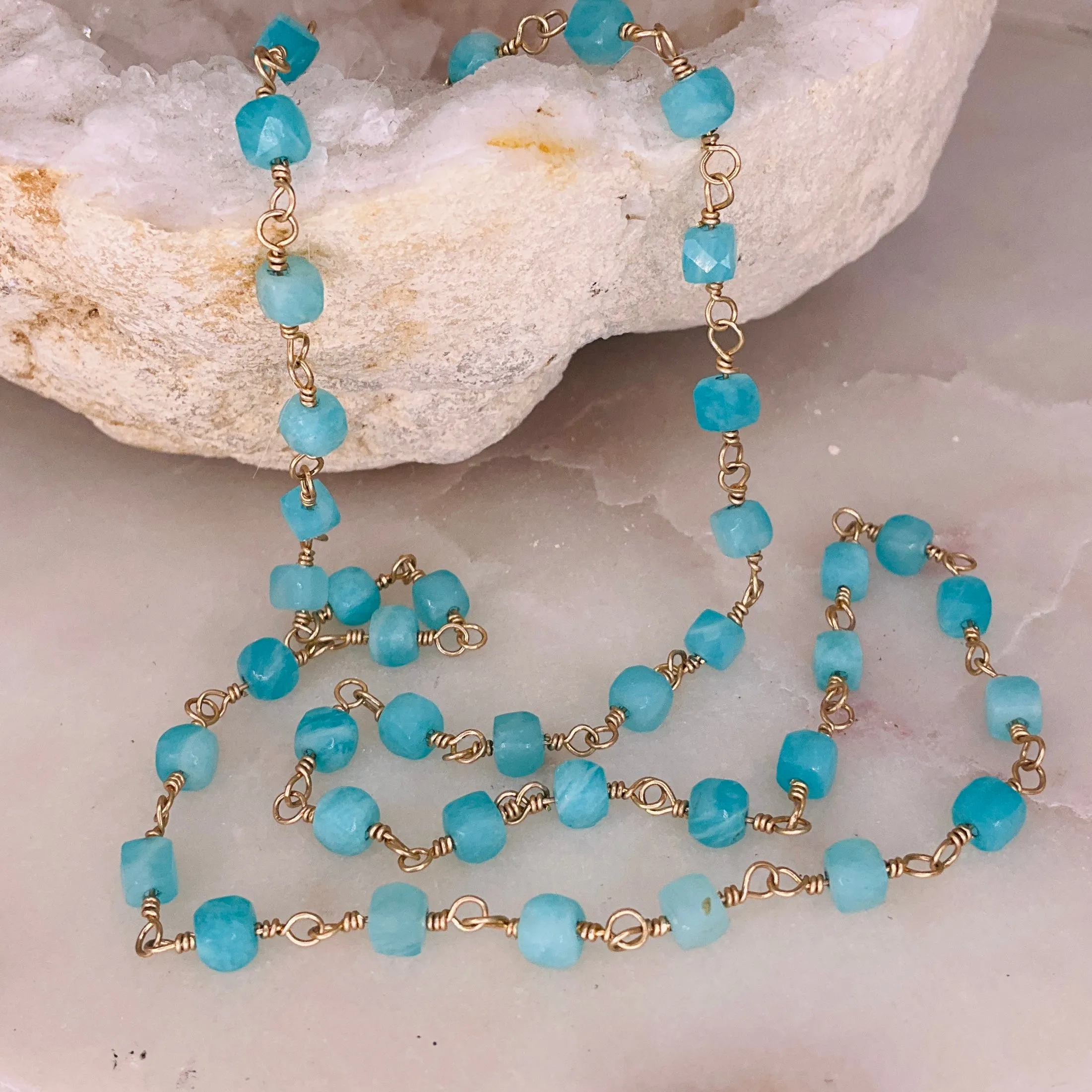 Gemstone Rosary Necklace ~  Amazonite Cubes