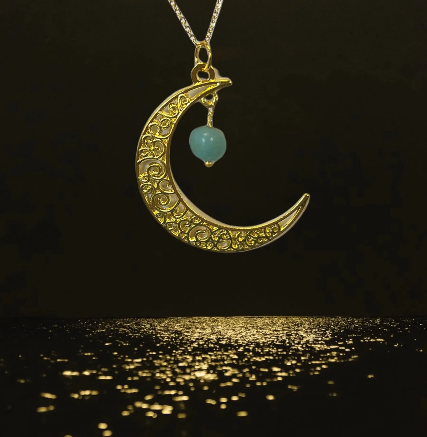 Gold Moon Necklace with Assorted Gemstones