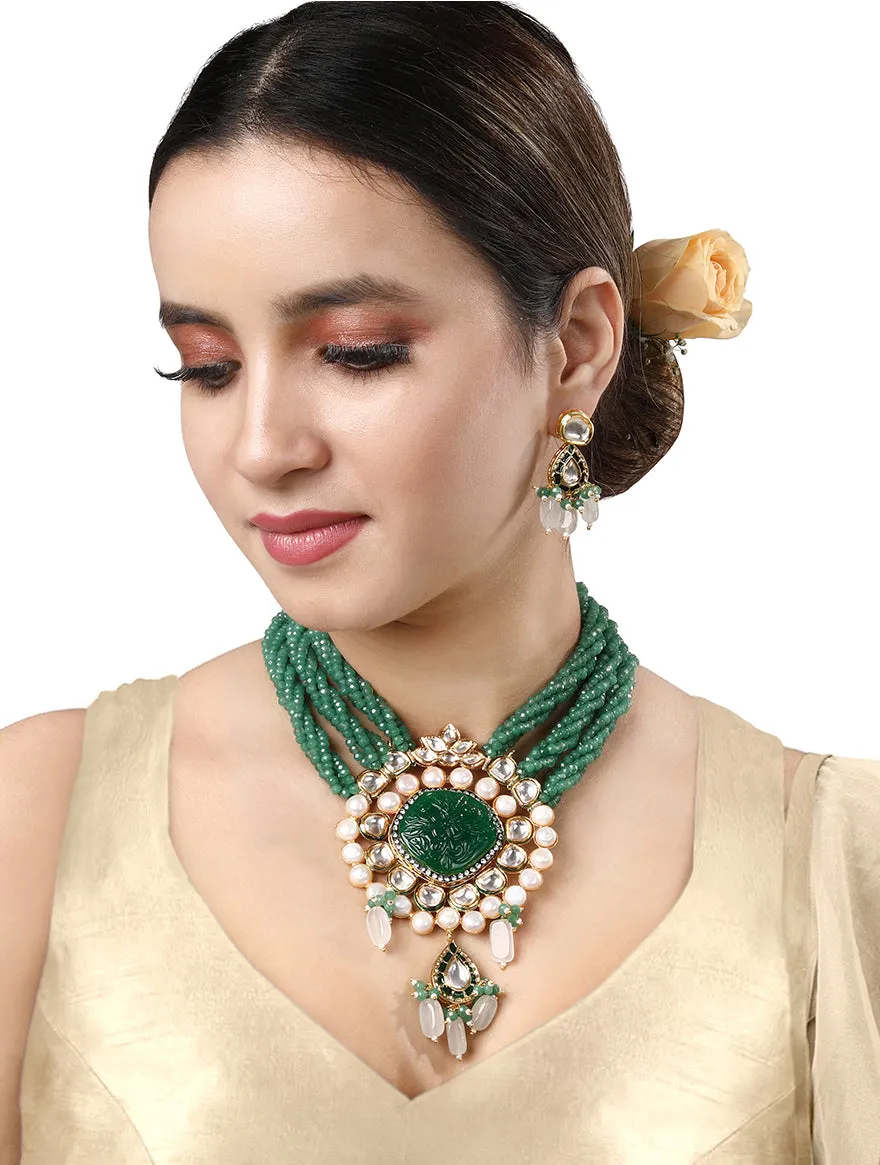 Gold Plated Kundan Necklace with Onyx, Agate and Pearls