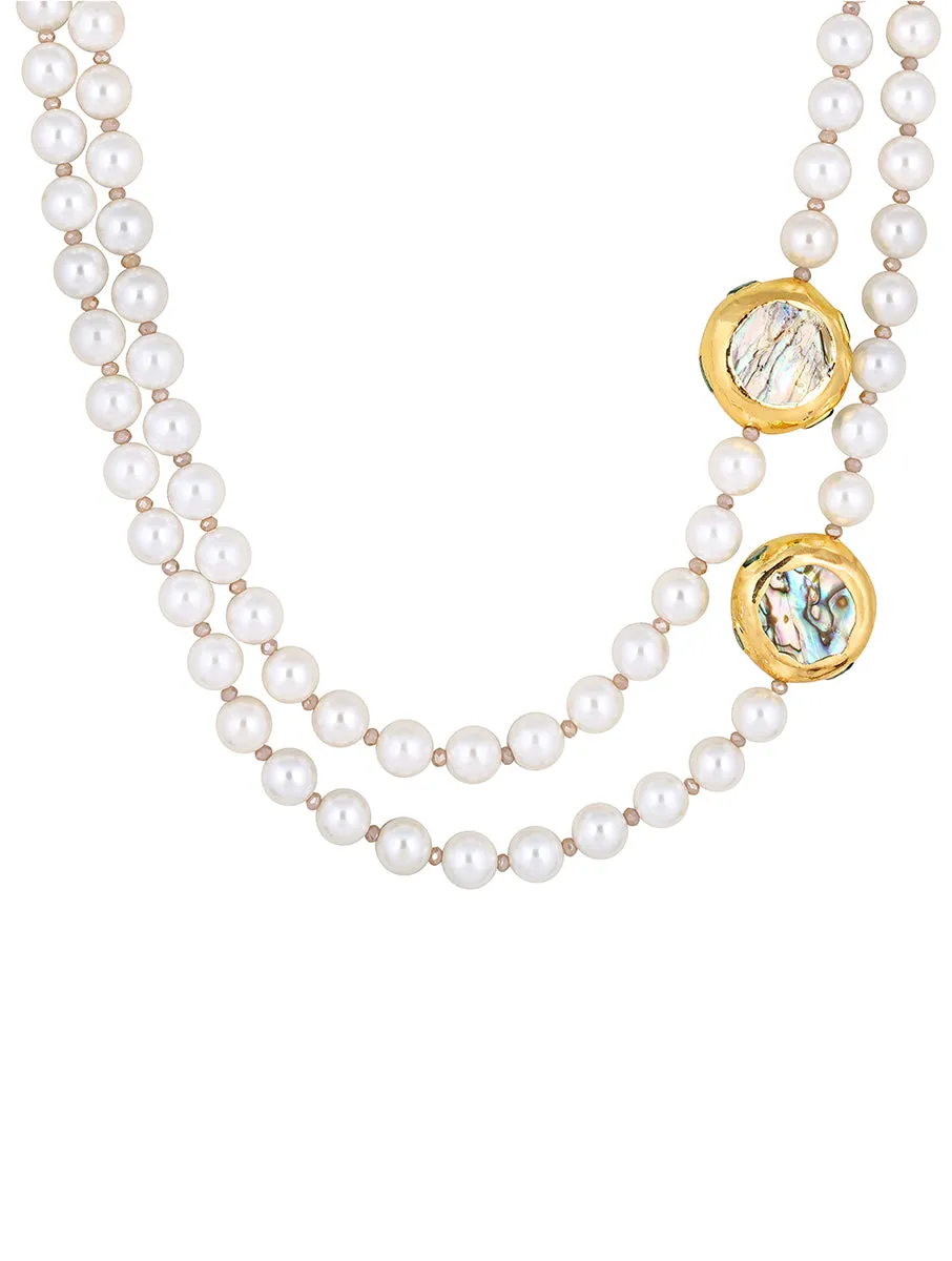 Gold Plated Pearl Beaded Necklace with Mother of Pearl