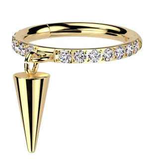 Gold PVD Side Facing Cone Dangle Clear CZ Row Titanium Hinged Segment Ring