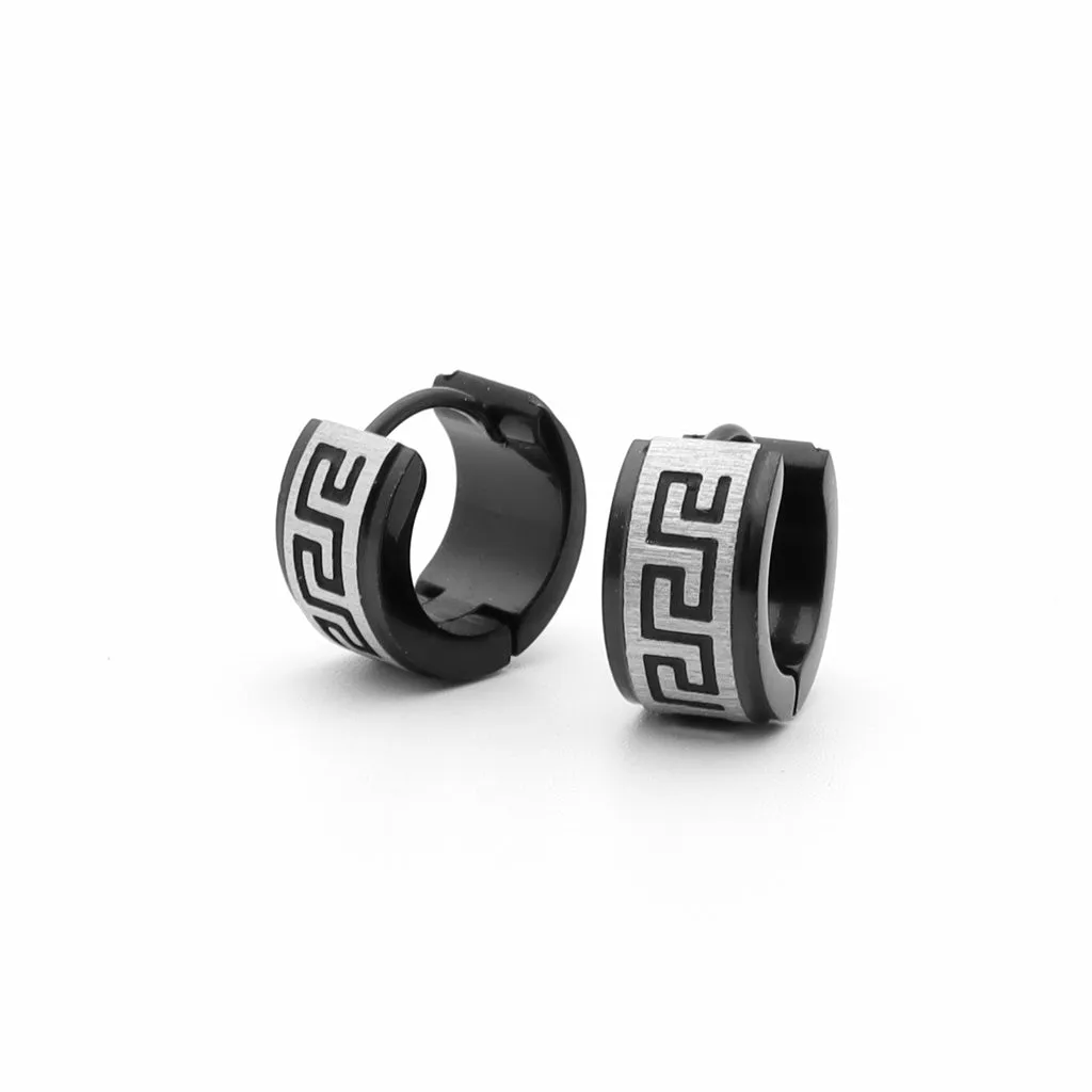 Greek Key Hinged Hoop Earrings with Step Edges - Black