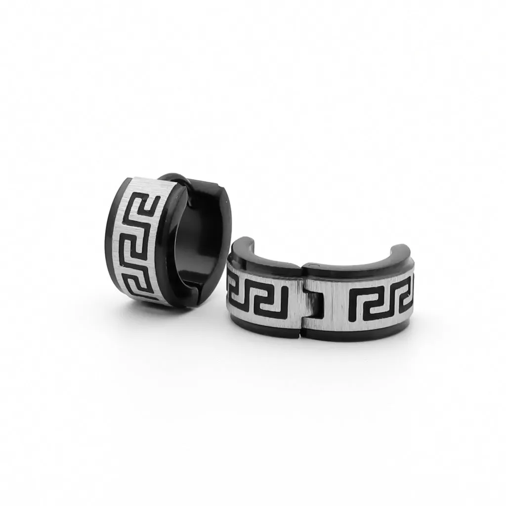 Greek Key Hinged Hoop Earrings with Step Edges - Black