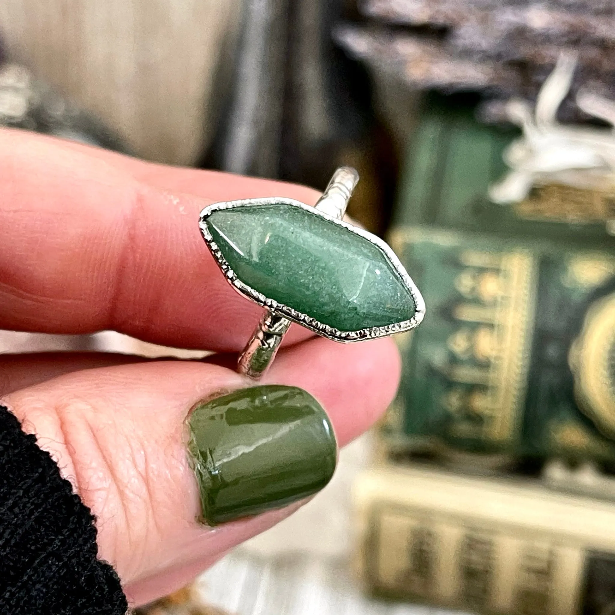 Green Aventurine Point Ring Fine Silver Size 6 7 8 9 10 Foxlark Collection /