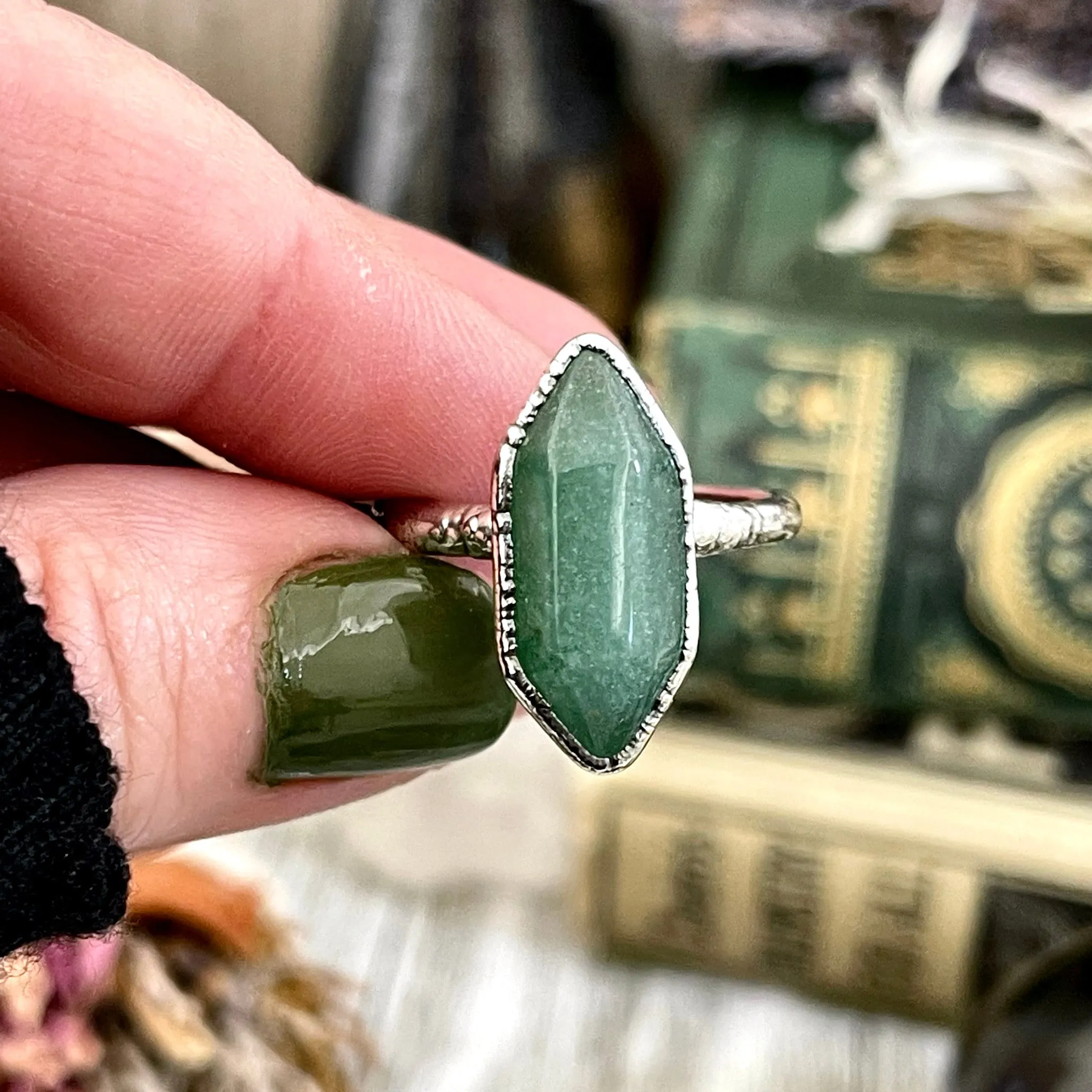 Green Aventurine Point Ring Fine Silver Size 6 7 8 9 10 Foxlark Collection /