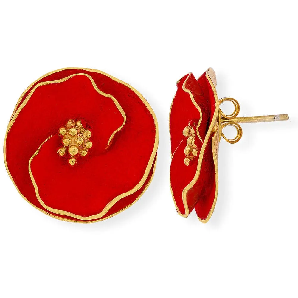 Handmade Gold Plated Silver Red Flower Stud Earrings