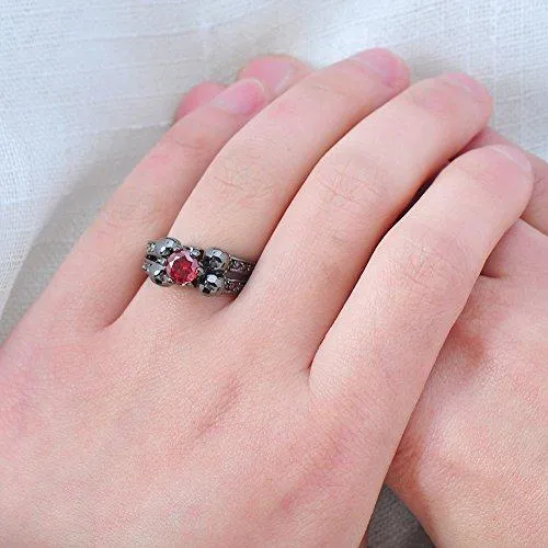 Jewelry Womens Red Lab Stone Skulls Ring Engagement Wedding Black Gold Plated Garnet Womens Ring Size 5-10