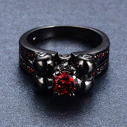 Jewelry Womens Red Lab Stone Skulls Ring Engagement Wedding Black Gold Plated Garnet Womens Ring Size 5-10