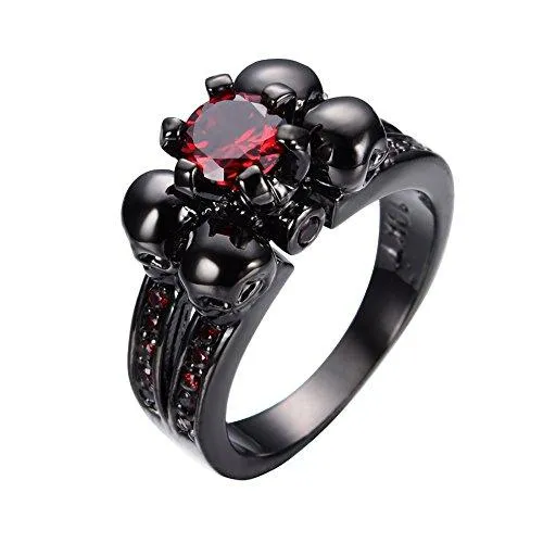 Jewelry Womens Red Lab Stone Skulls Ring Engagement Wedding Black Gold Plated Garnet Womens Ring Size 5-10